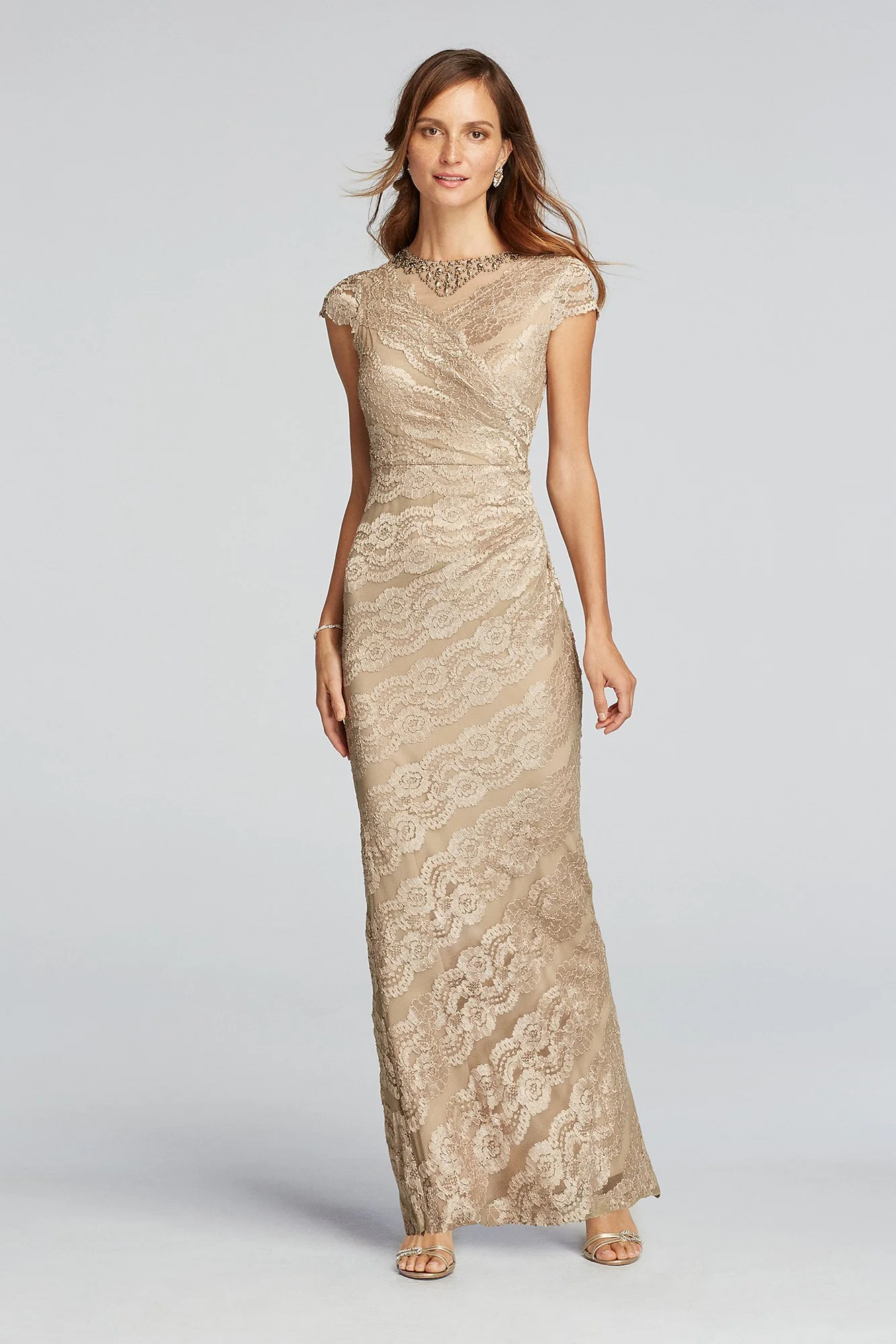 Cap Sleeve Floral Lace Dress with Jeweled Neckline - Image 2