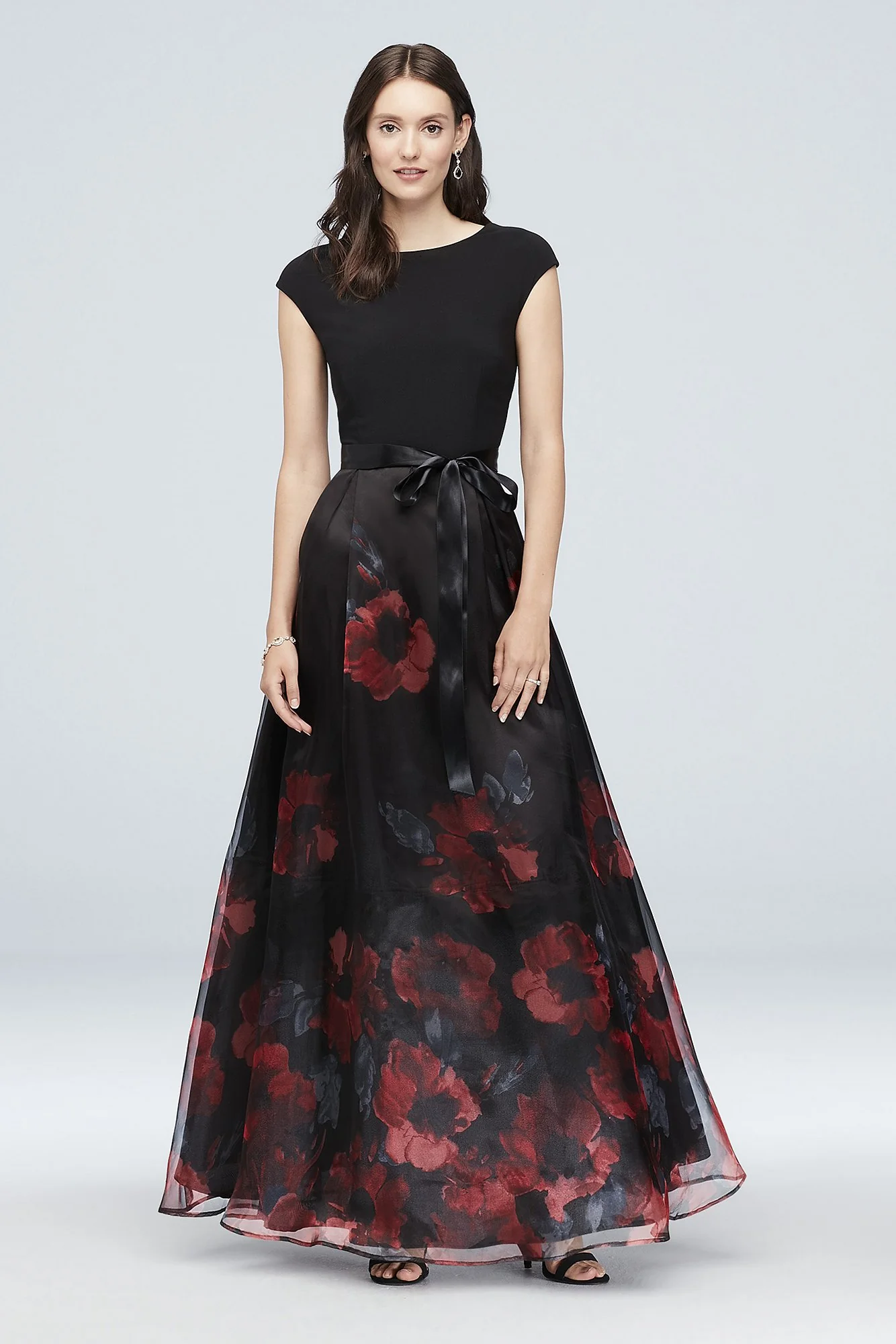 Cap Sleeve Floral Organza Ball Gown with Bow
