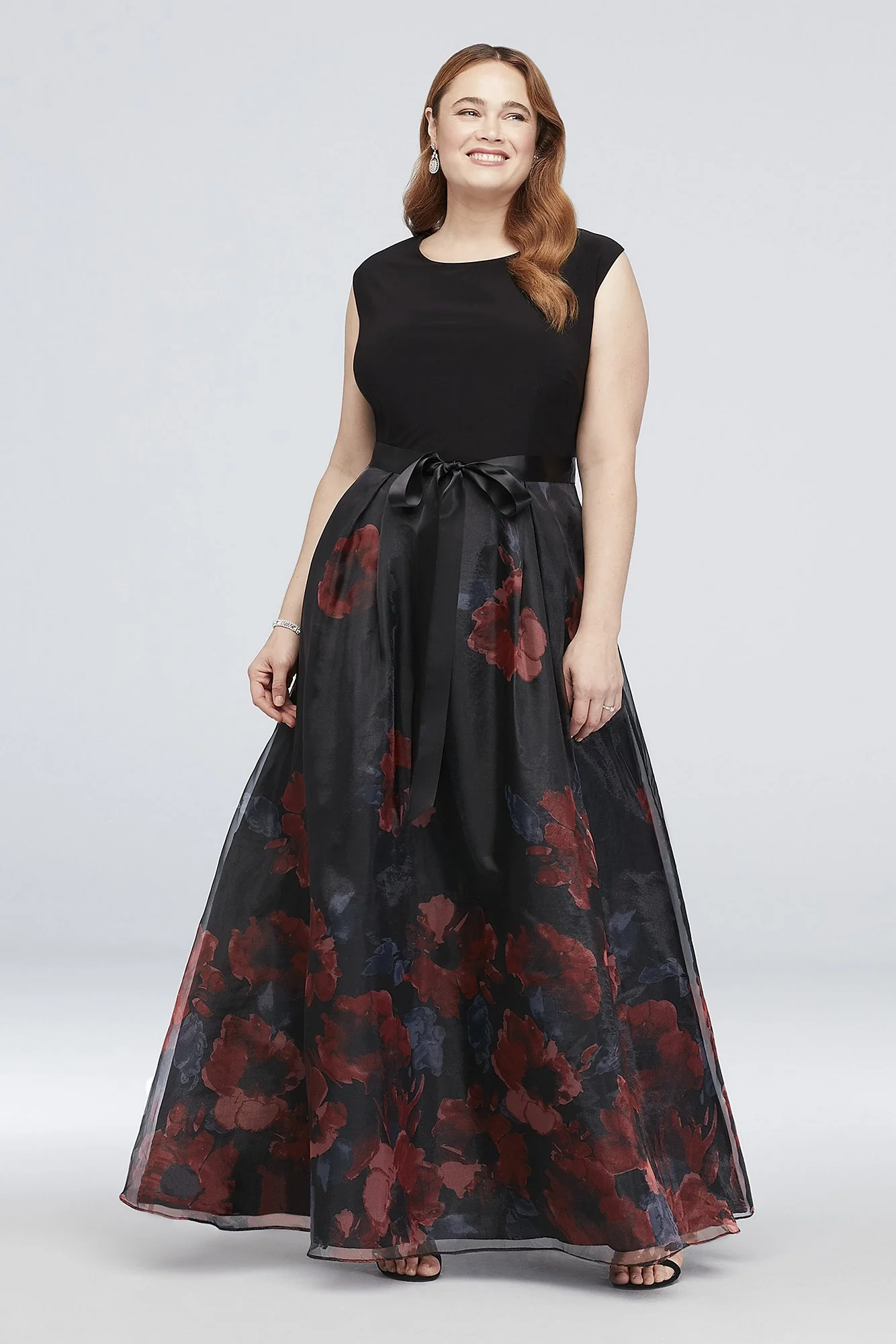 Cap Sleeve Floral Organza Ball Gown with Bow - Image 2