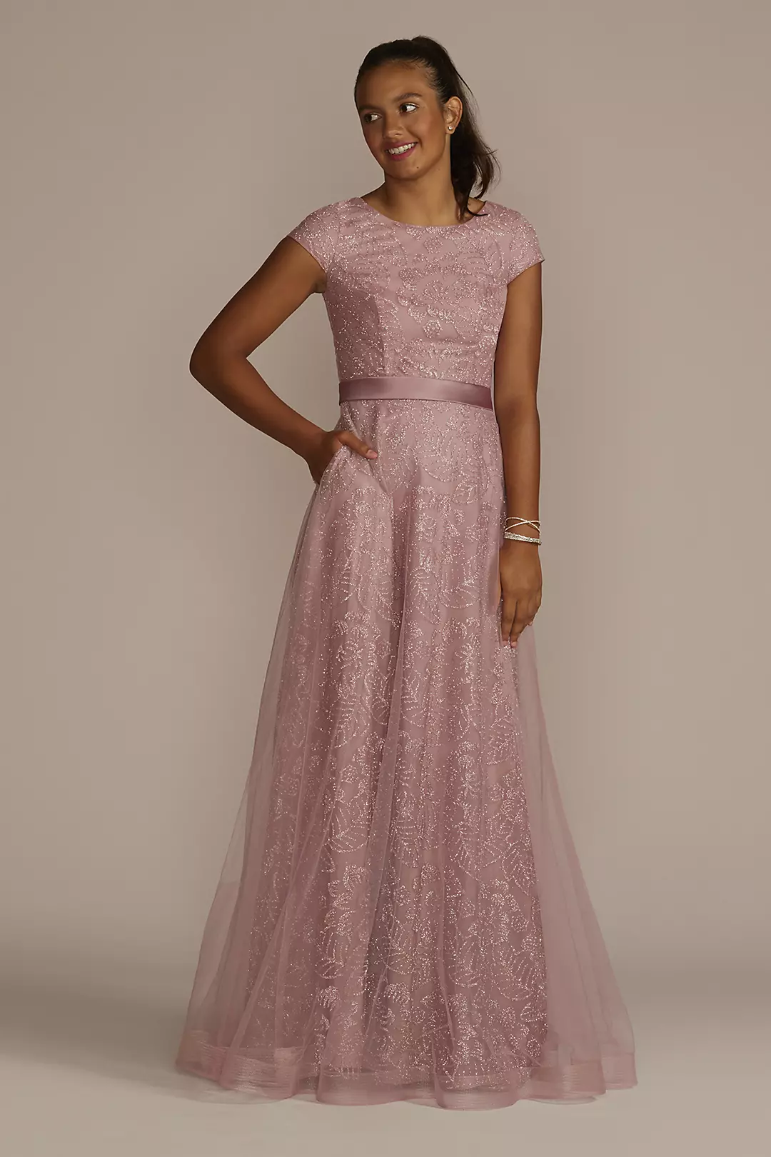 Cap Sleeve Glitter Floral Tulle A-Line - Image 2