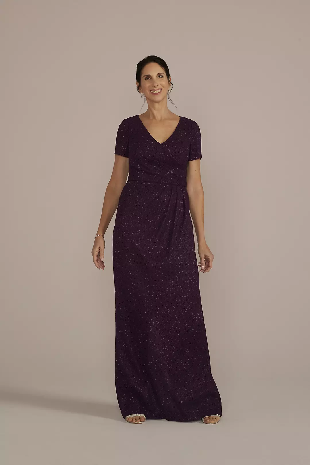 Cap Sleeve Glitter Knit Gown with Slit - Image 11