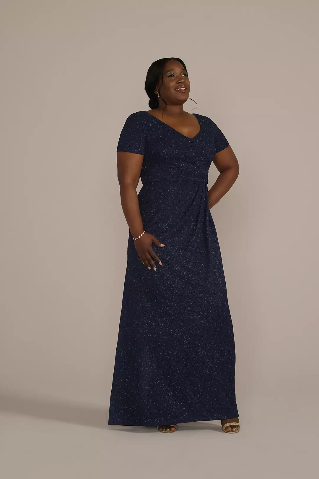 Cap Sleeve Glitter Knit Gown with Slit - Image 12