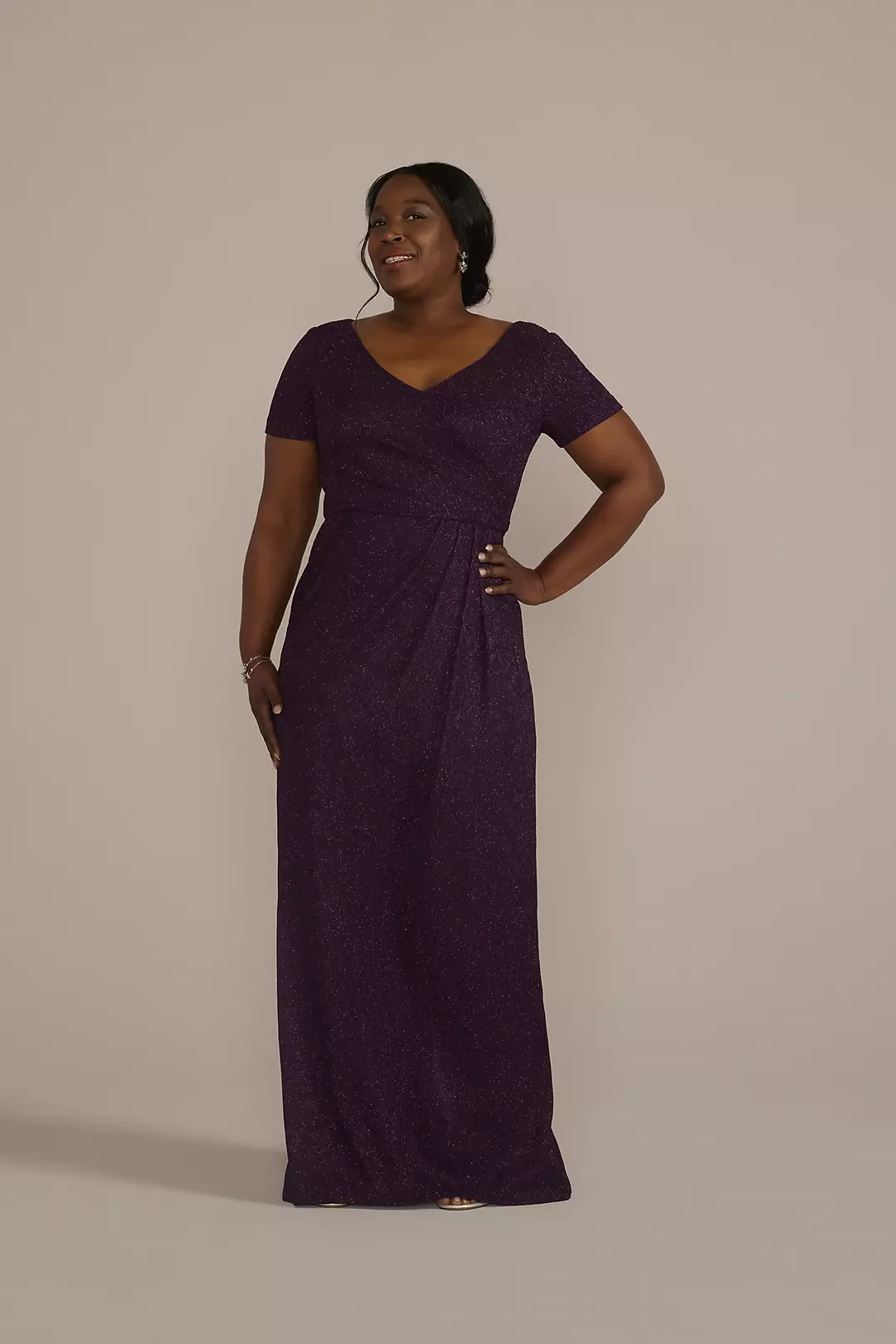 Cap Sleeve Glitter Knit Gown with Slit - Image 15