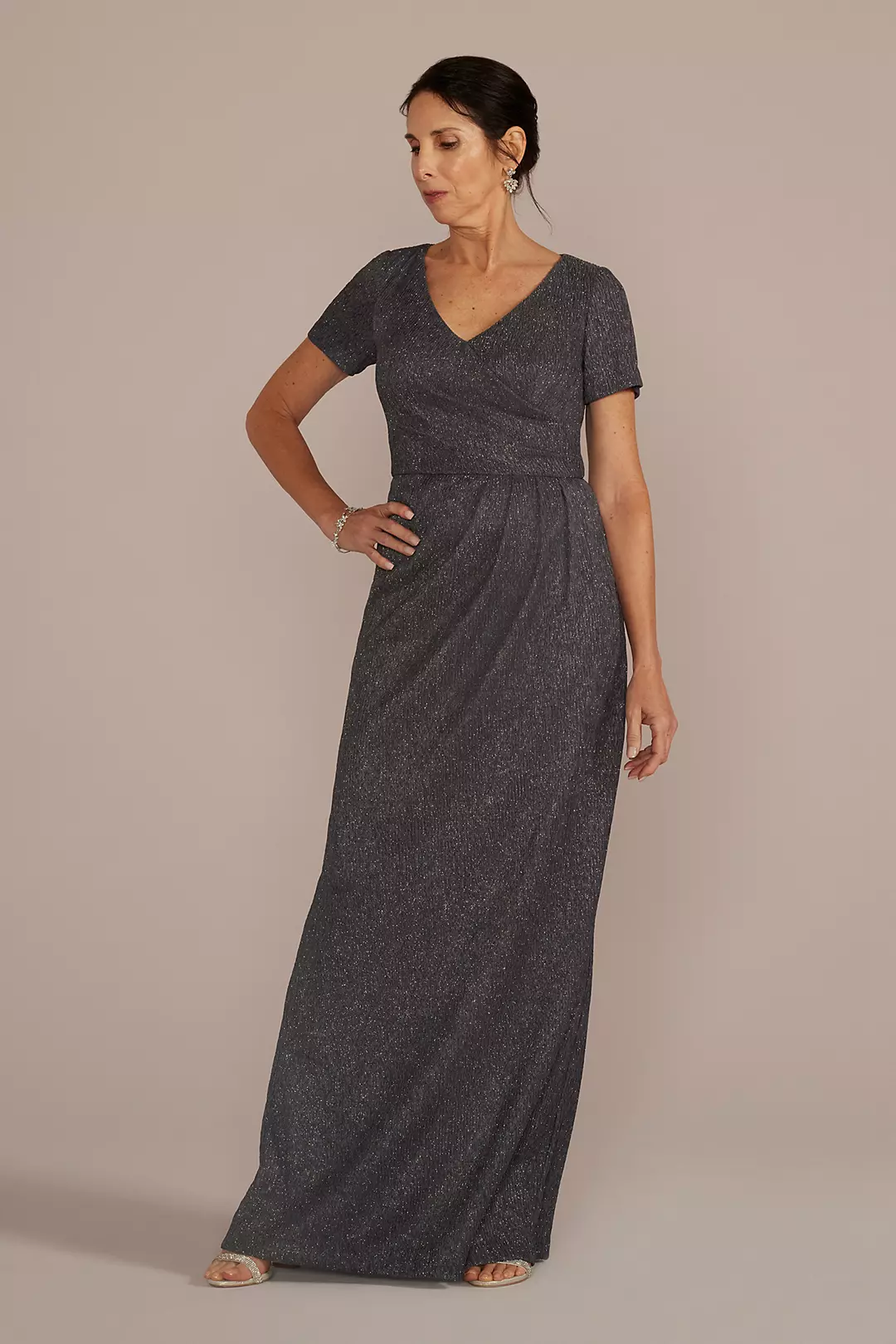 Cap Sleeve Glitter Knit Gown with Slit - Image 2