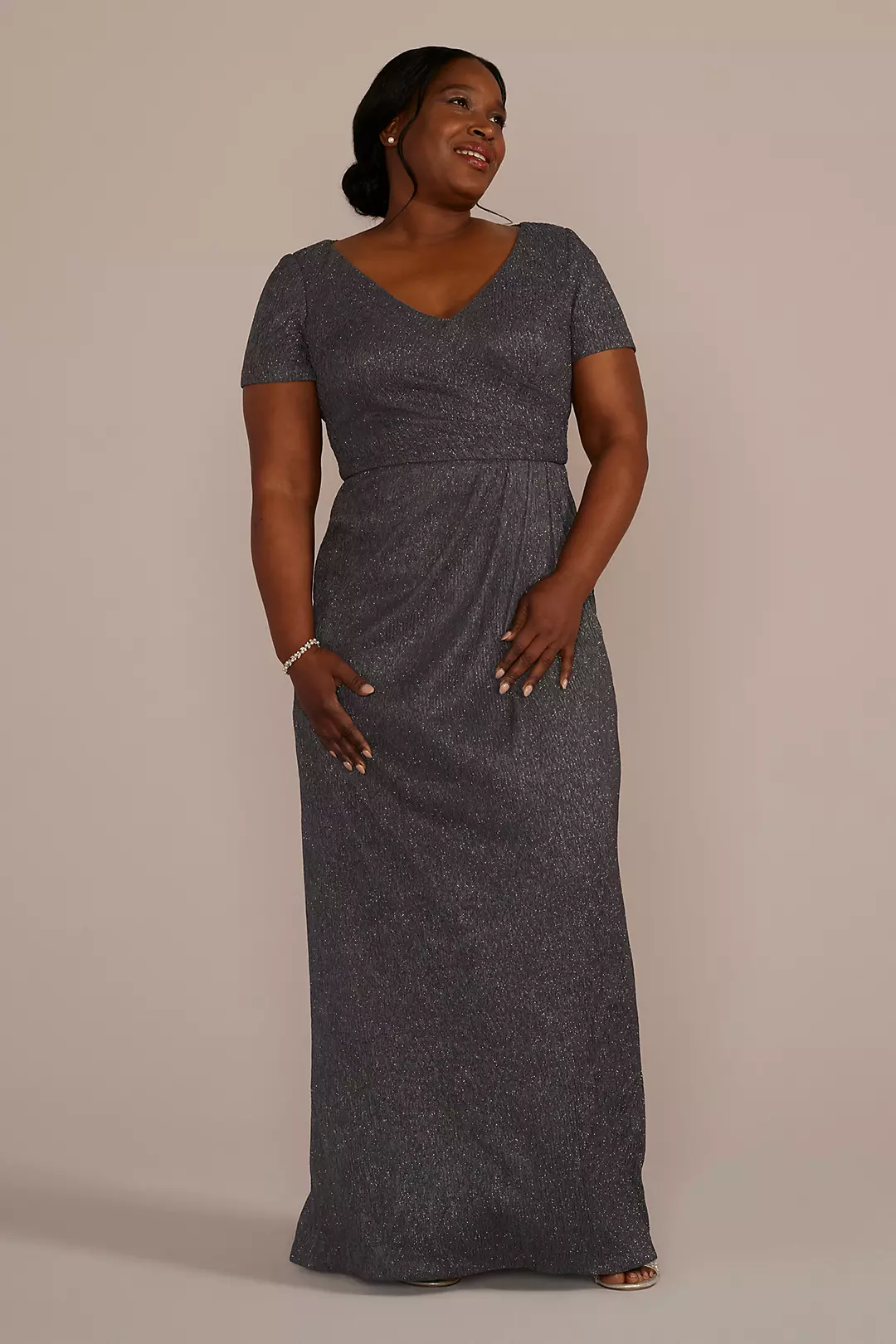 Cap Sleeve Glitter Knit Gown with Slit - Image 7
