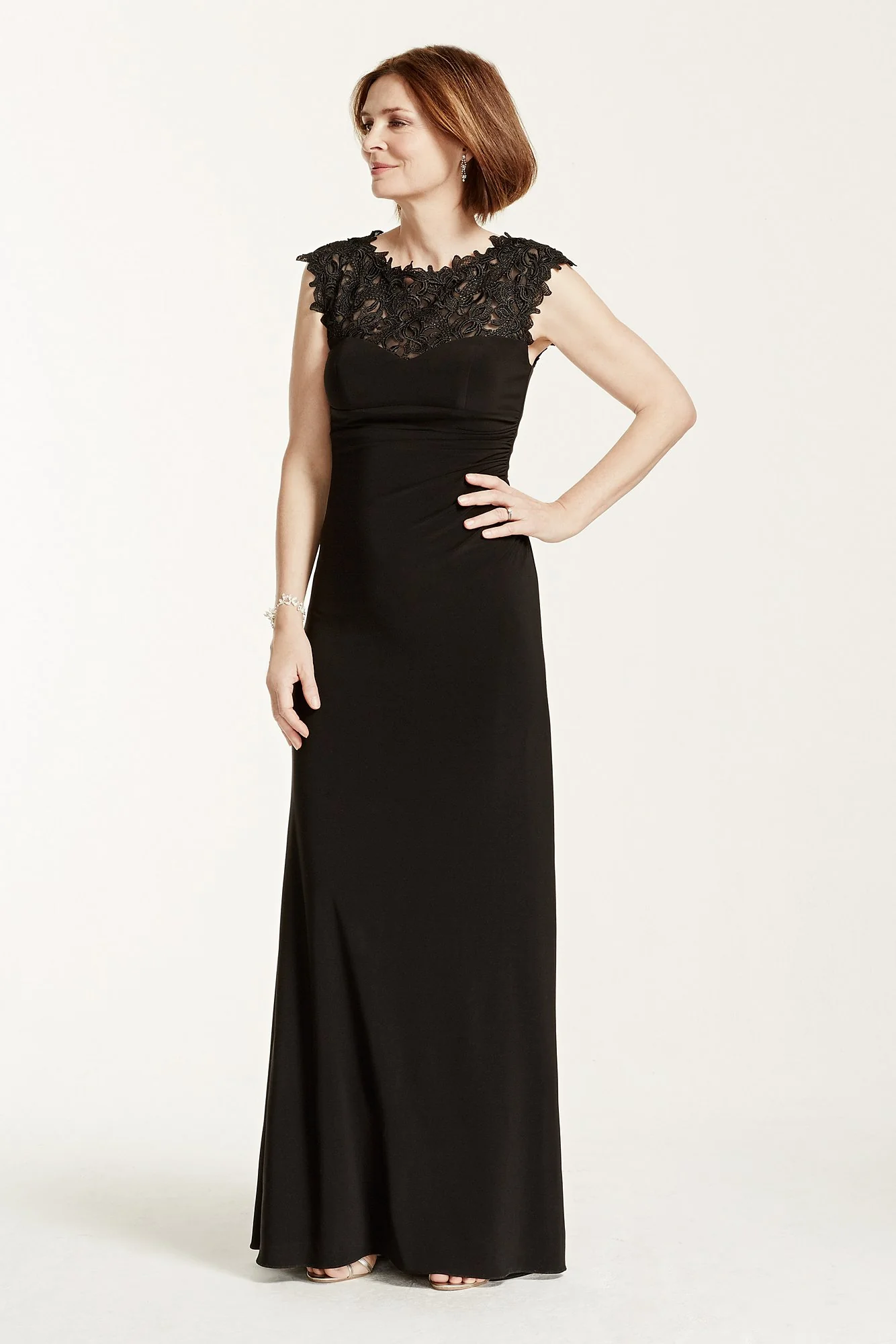 Cap Sleeve Jersey Dress with Lace Illusion Bodice