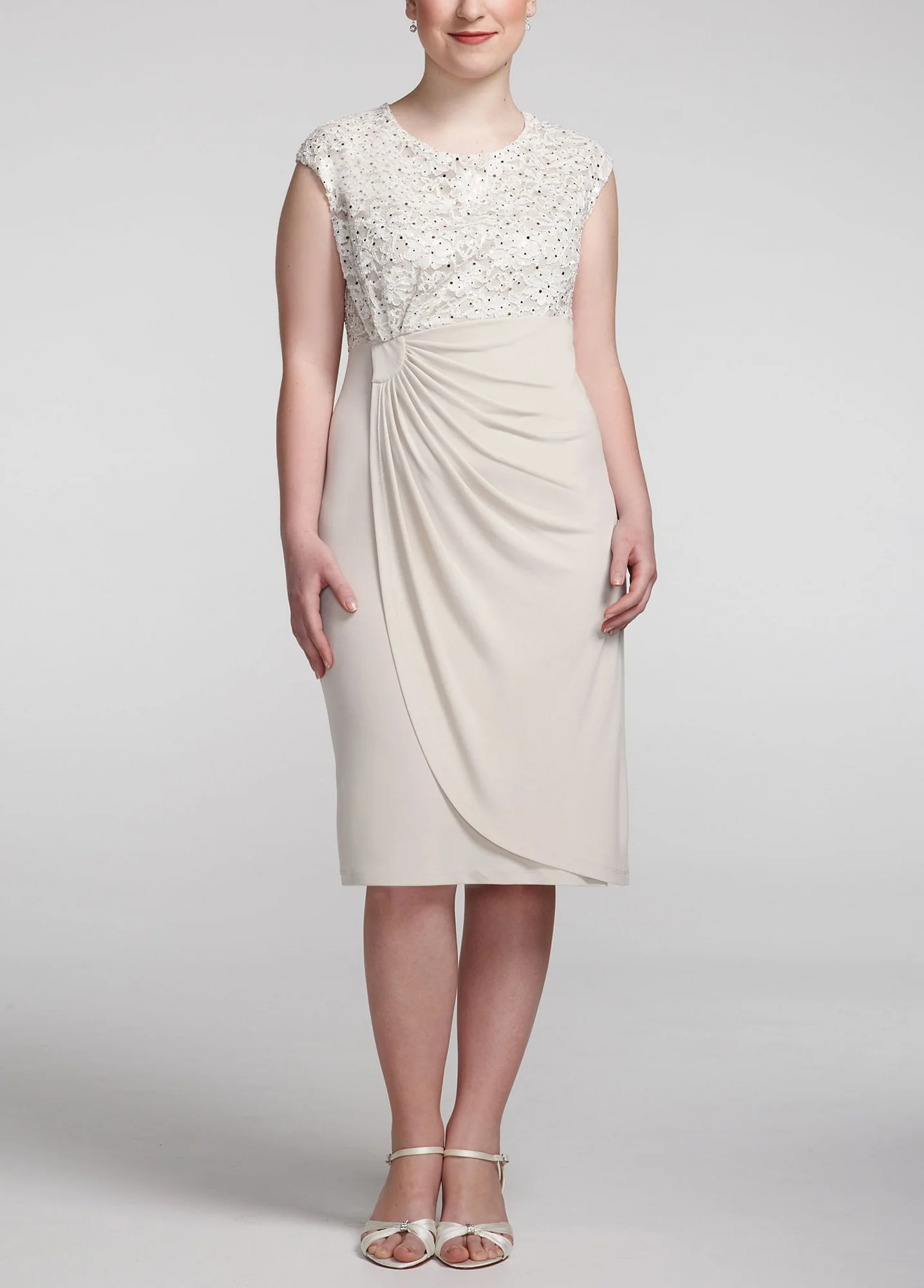 Cap Sleeve Lace Bodice Dress with Drape Front
