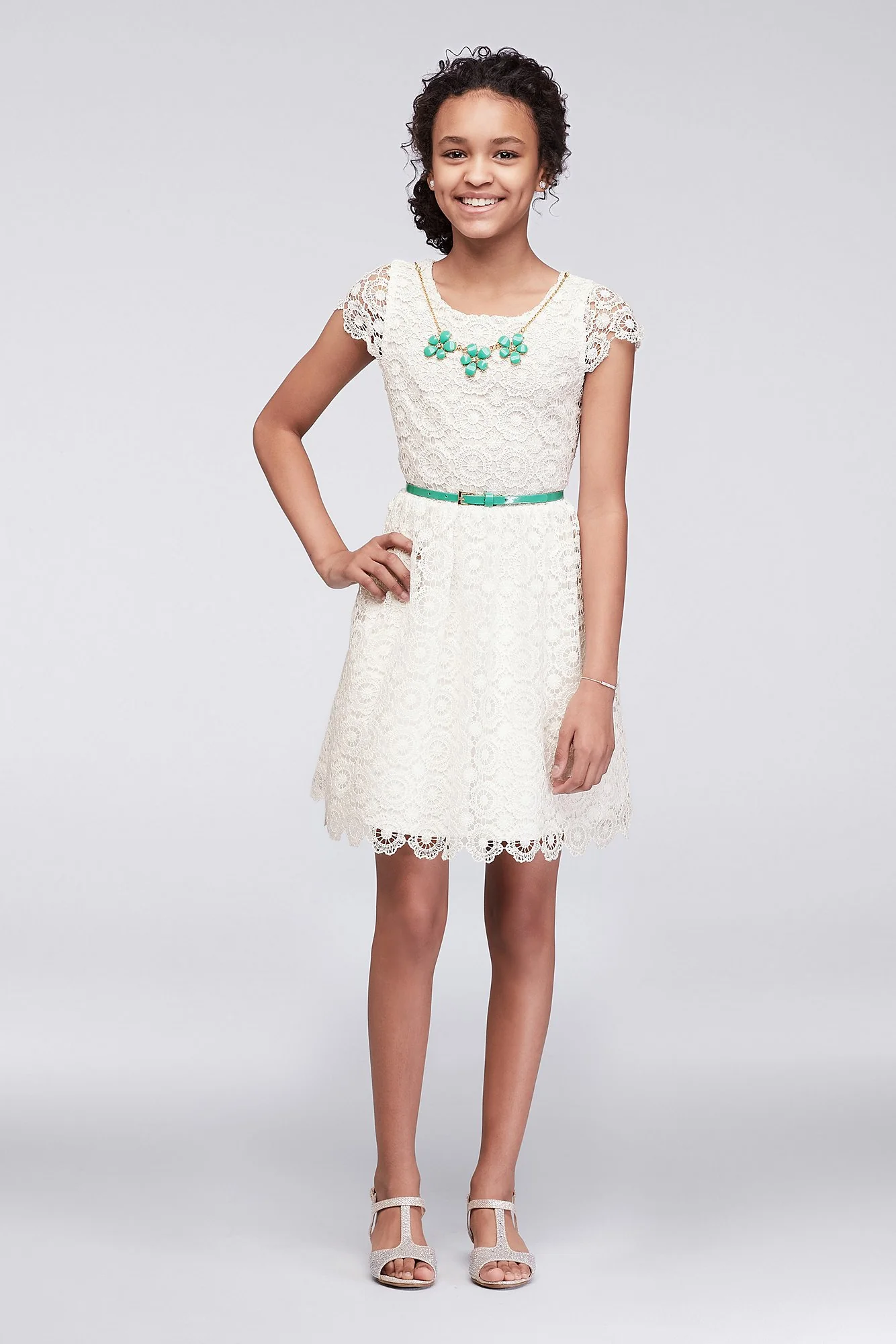 Cap Sleeve Lace Dress with Necklace and Belt