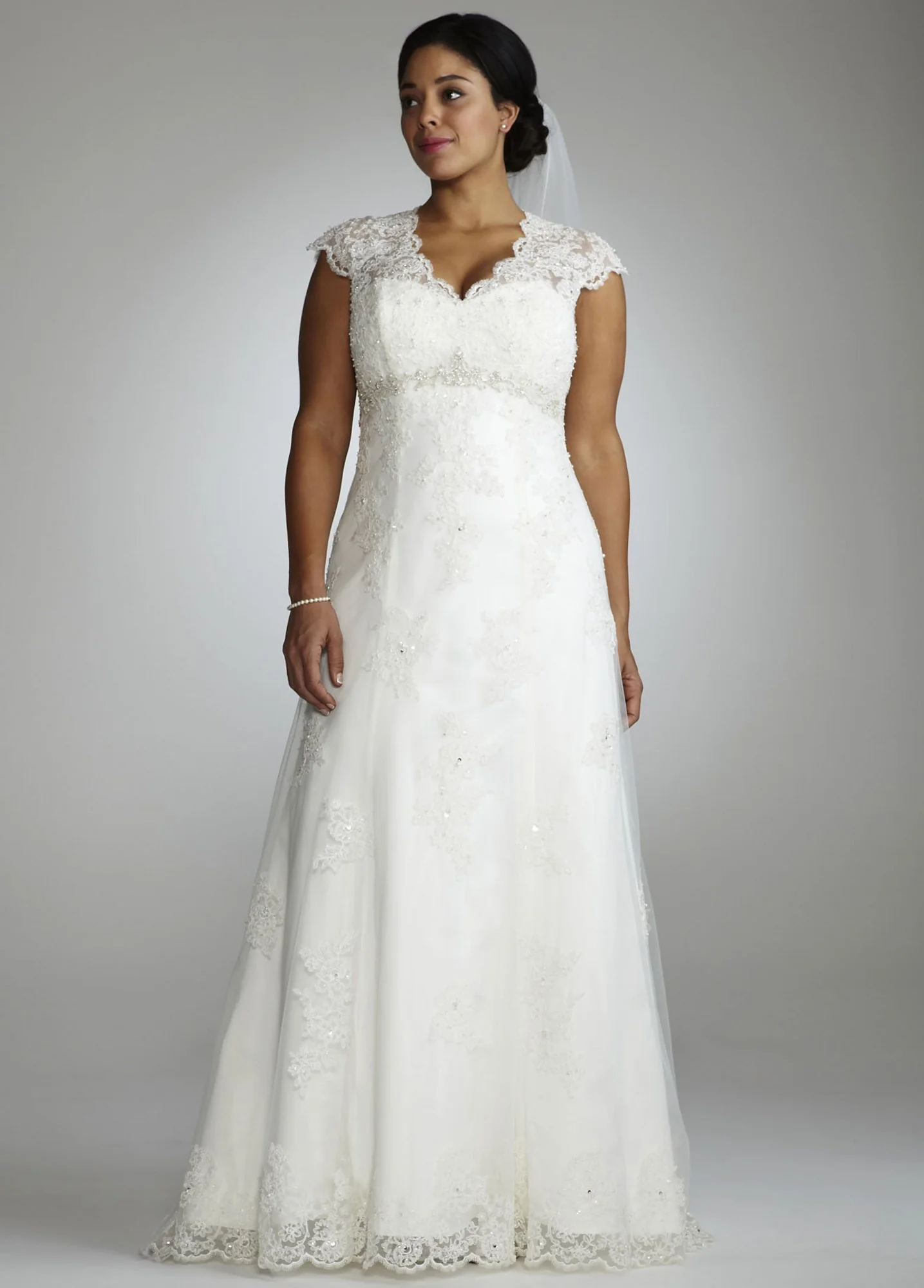Cap Sleeve Lace Over Satin Gown with Illusion - Image 2