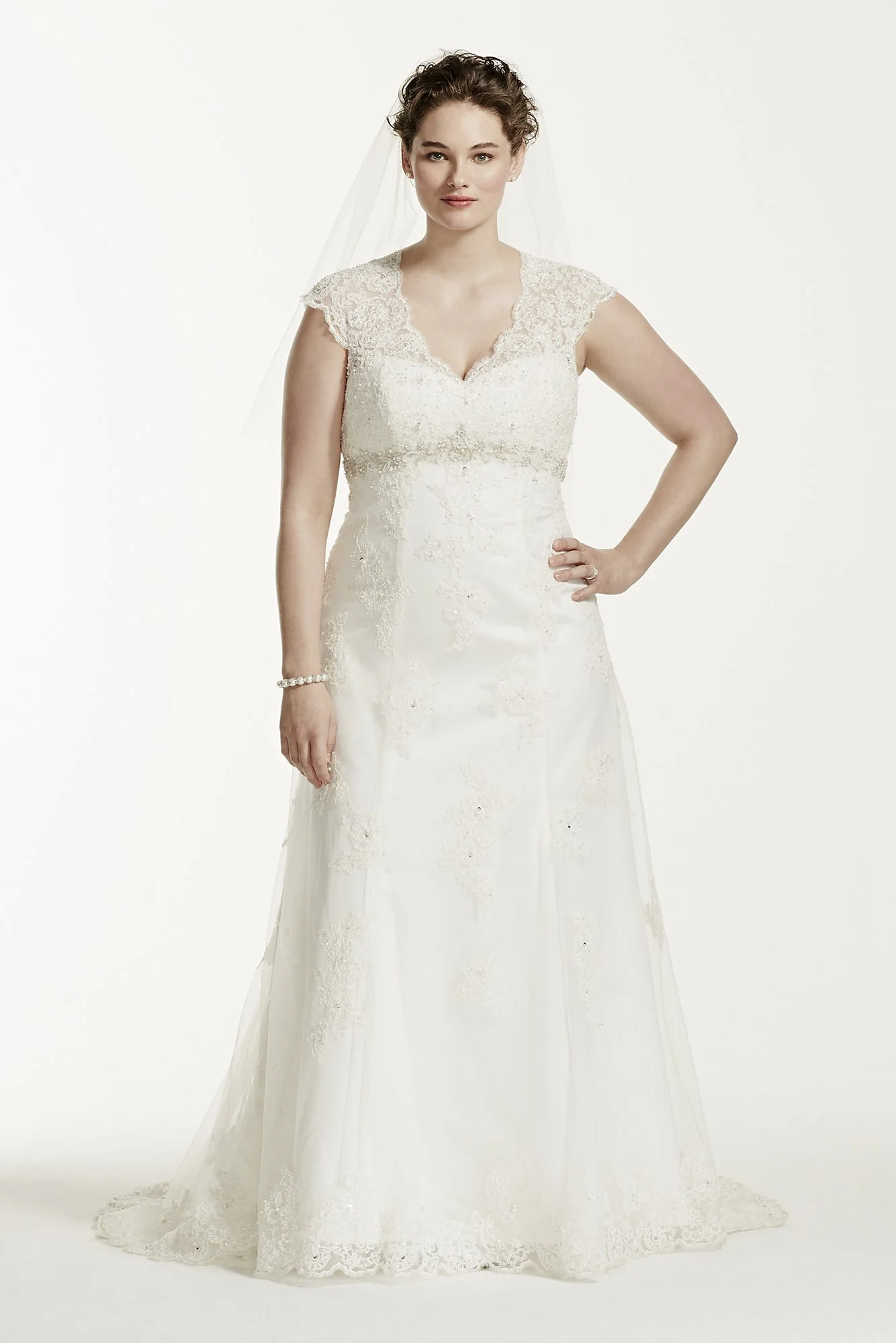 Cap Sleeve Lace Over Satin Gown with Illusion - Image 3