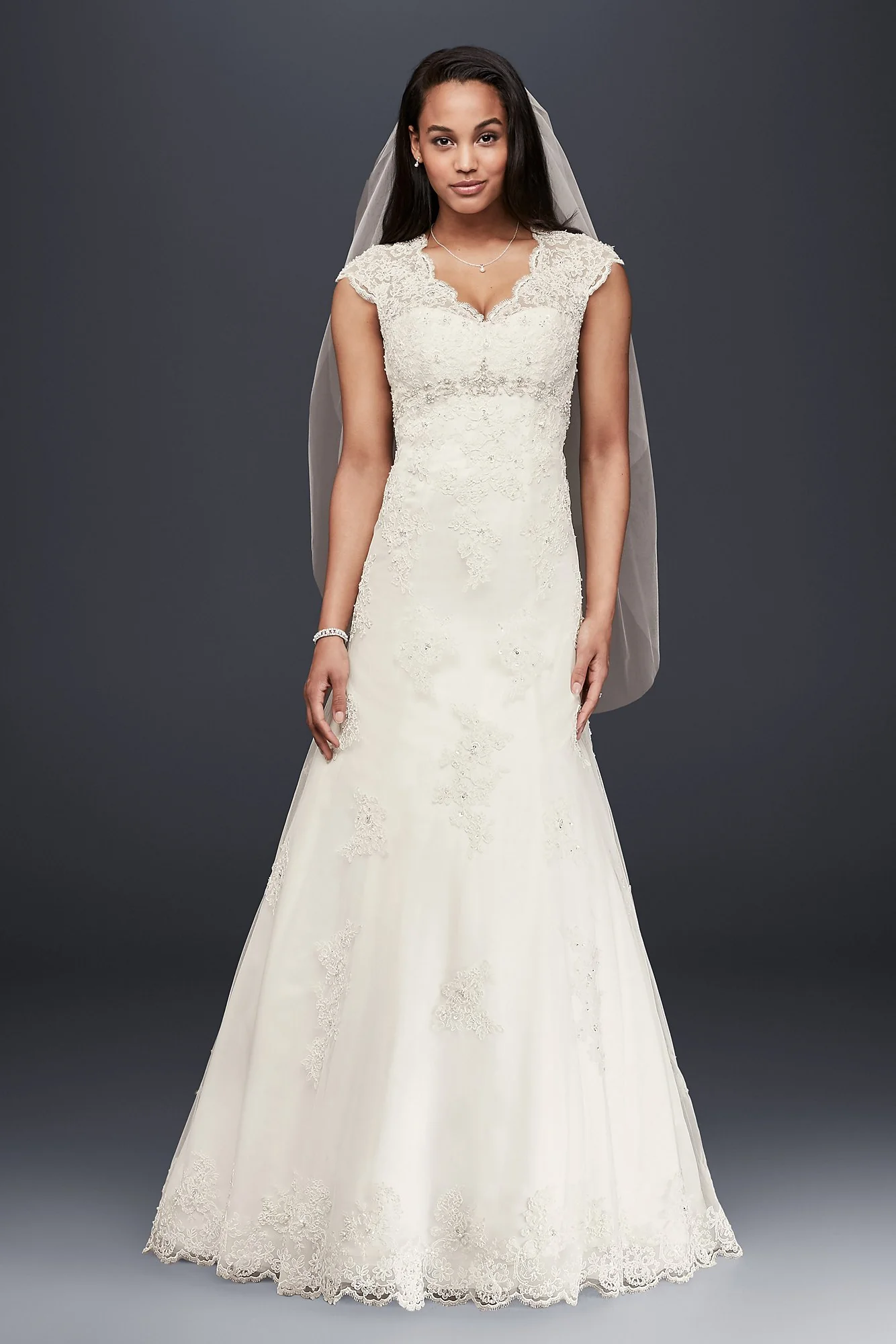 Cap Sleeve Lace Over Satin Wedding Dress - Image 2