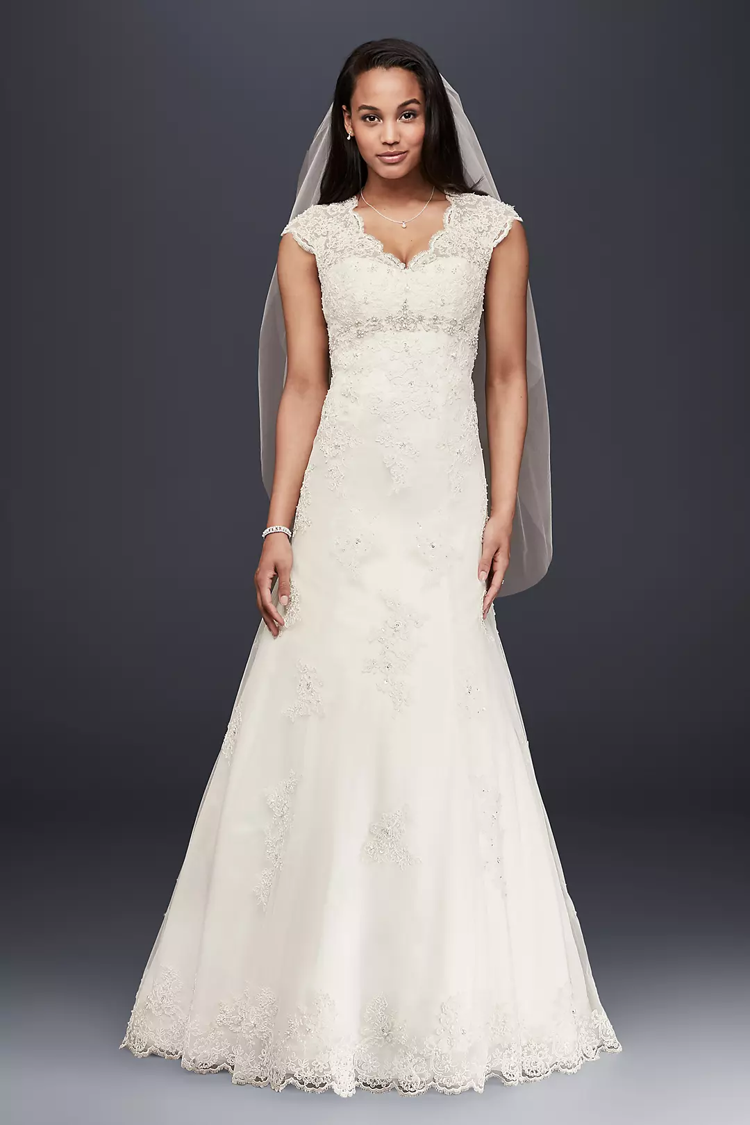 Cap Sleeve Lace Over Satin Wedding Dress - Image 91
