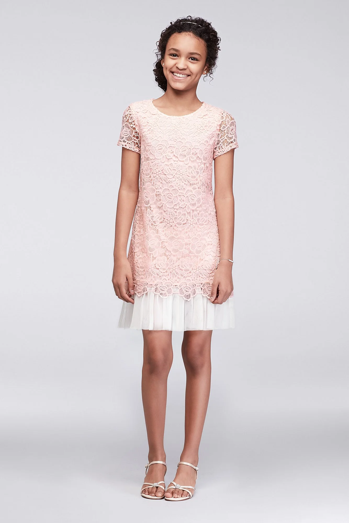 Cap Sleeve Lace Party Dress with Pleated Tulle Hem