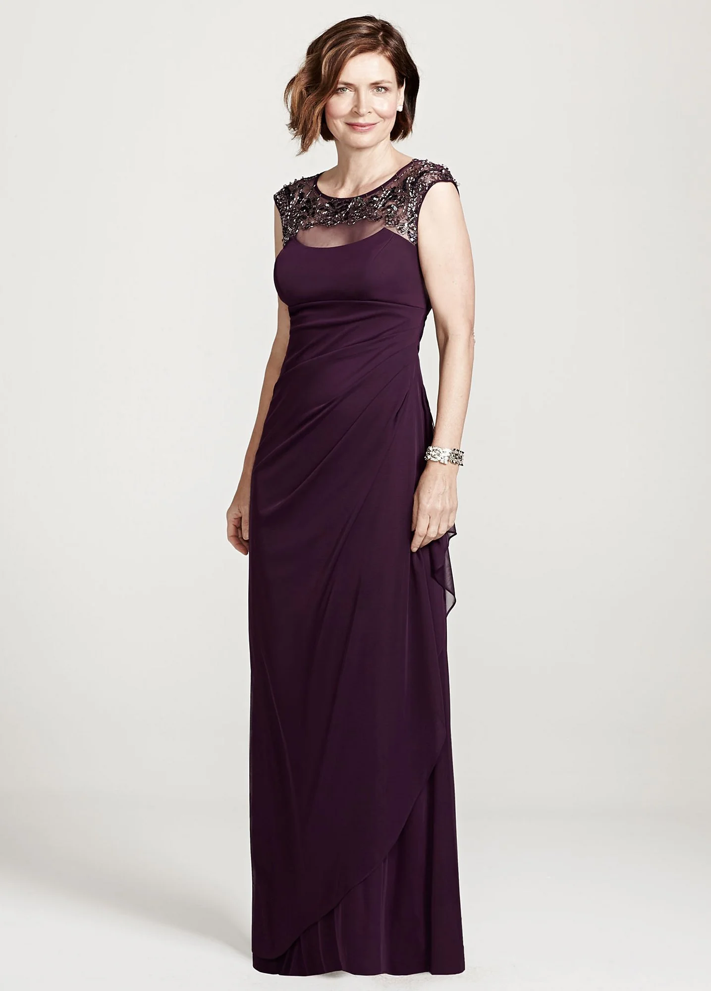 Cap Sleeve Long Jersey Dress with Beaded Neckline