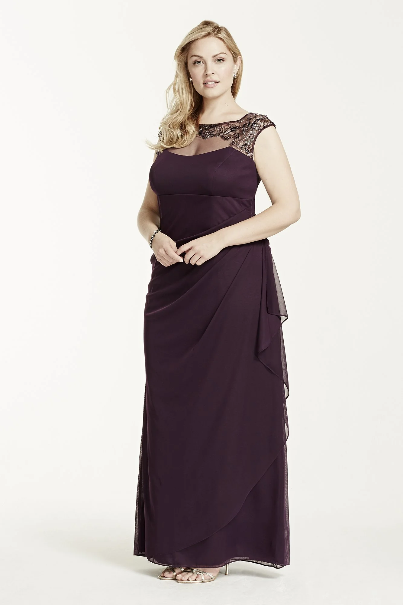 Cap Sleeve Long Jersey Dress with Beaded Neckline - Image 2