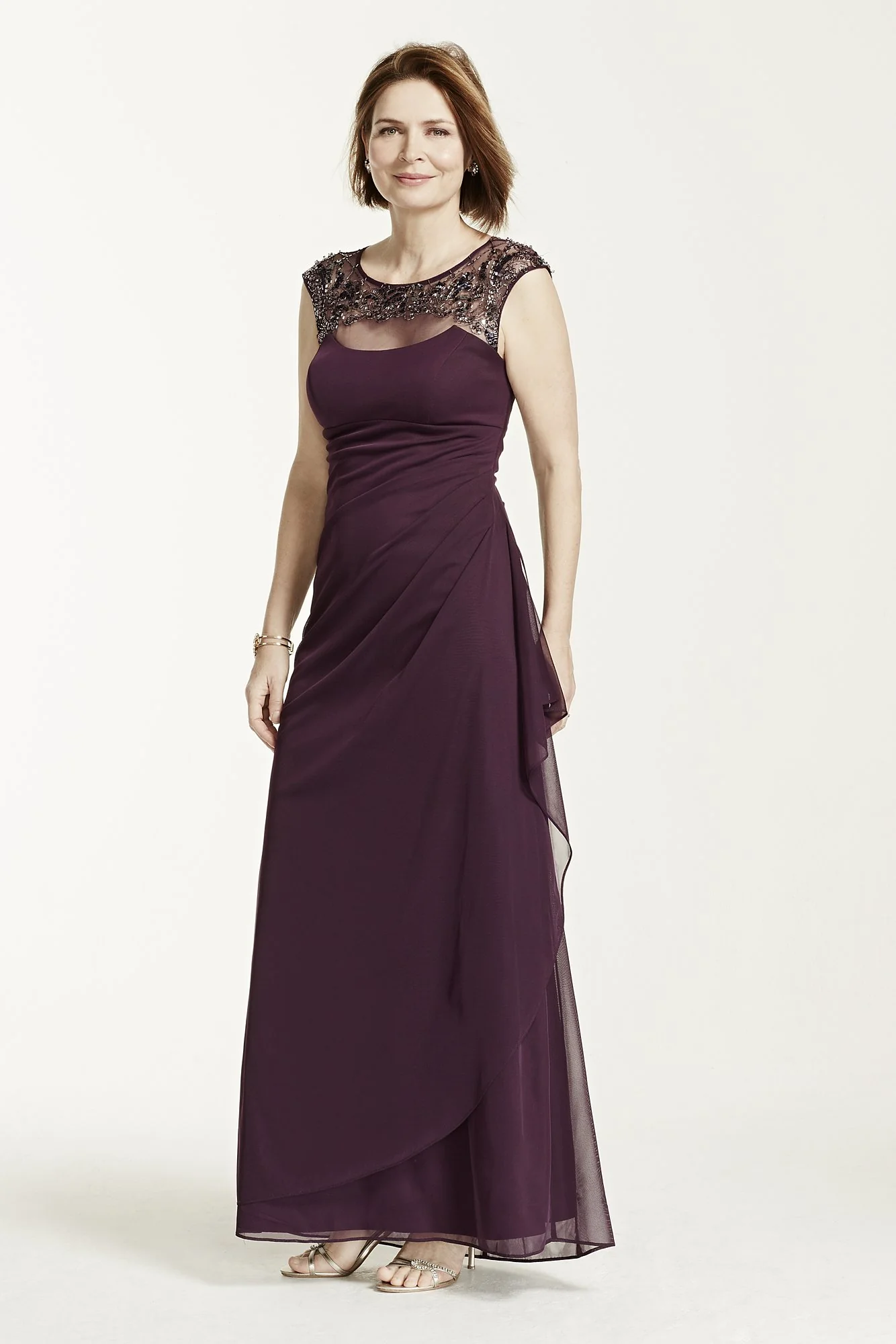 Cap Sleeve Long Jersey Dress with Beaded Neckline - Image 3