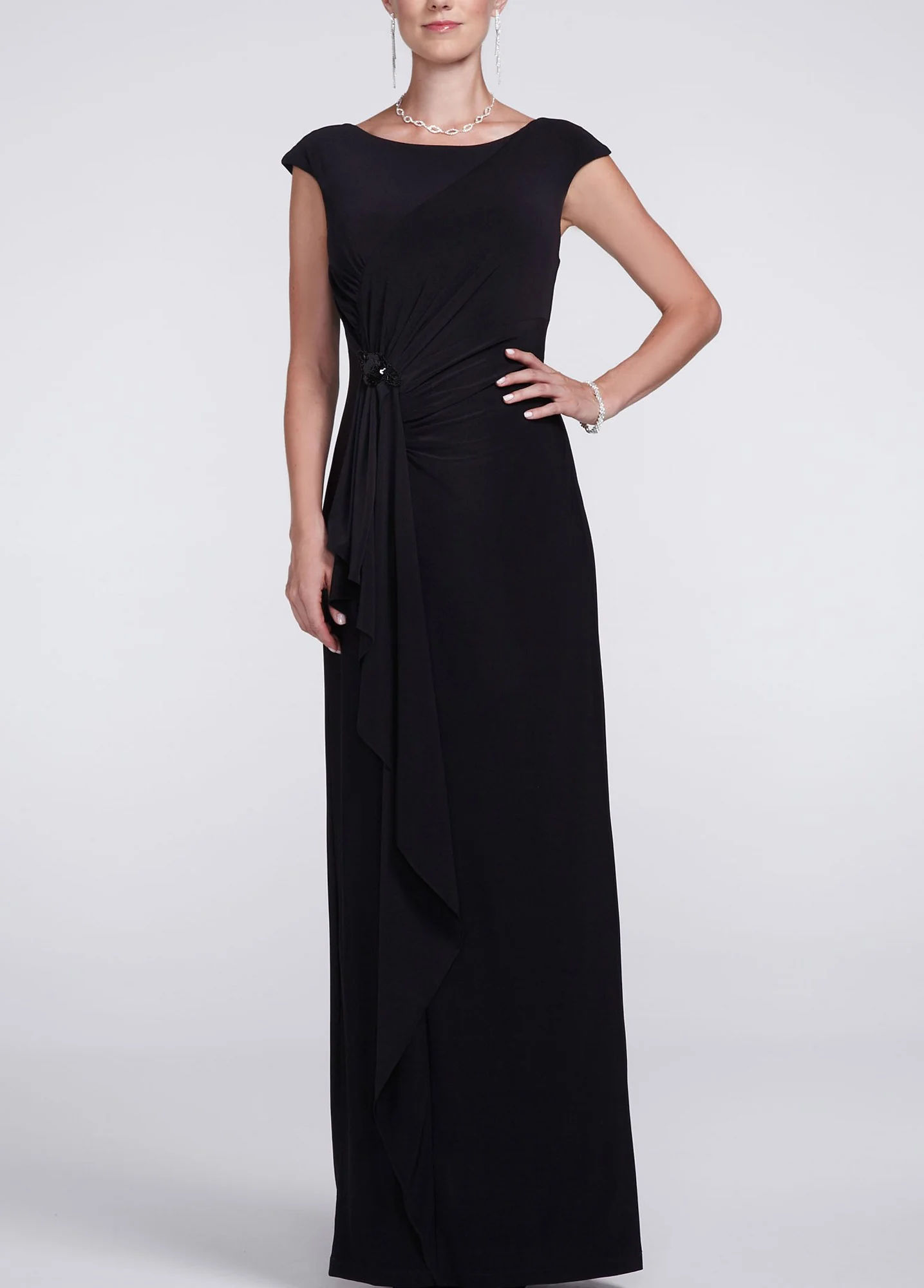 Cap Sleeve Long Jersey Dress with Sequin Side