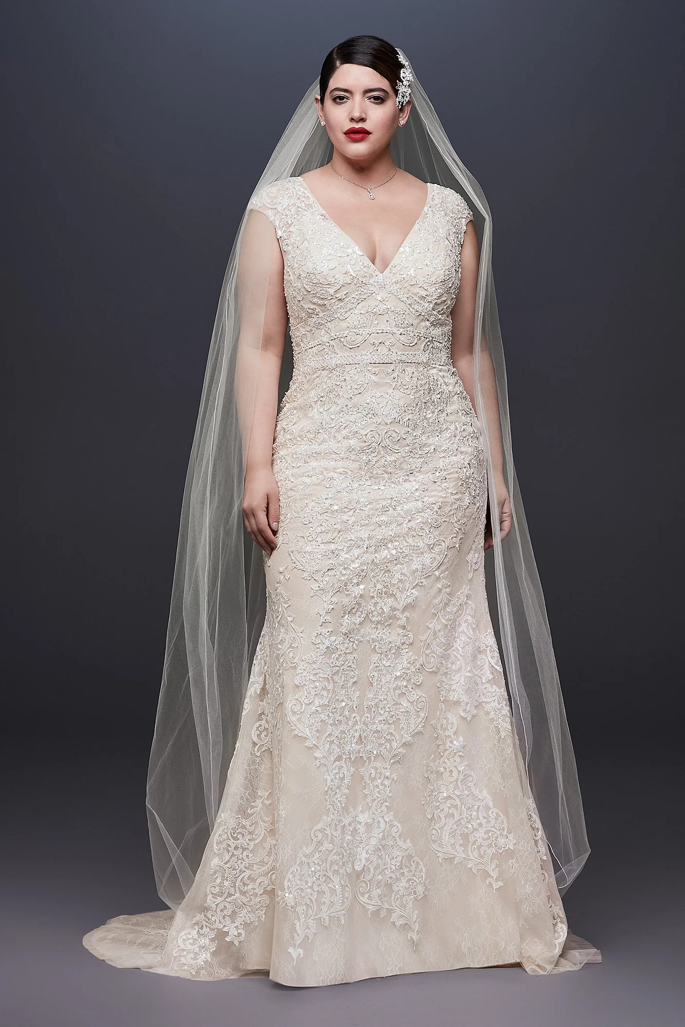 Cap Sleeve Plunging V-Neck Sheath Wedding Dress