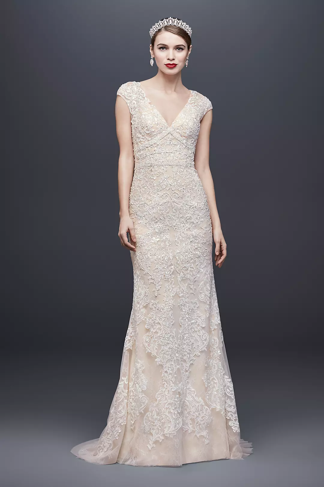 Cap Sleeve Plunging V-Neck Sheath Wedding Dress - Image 16