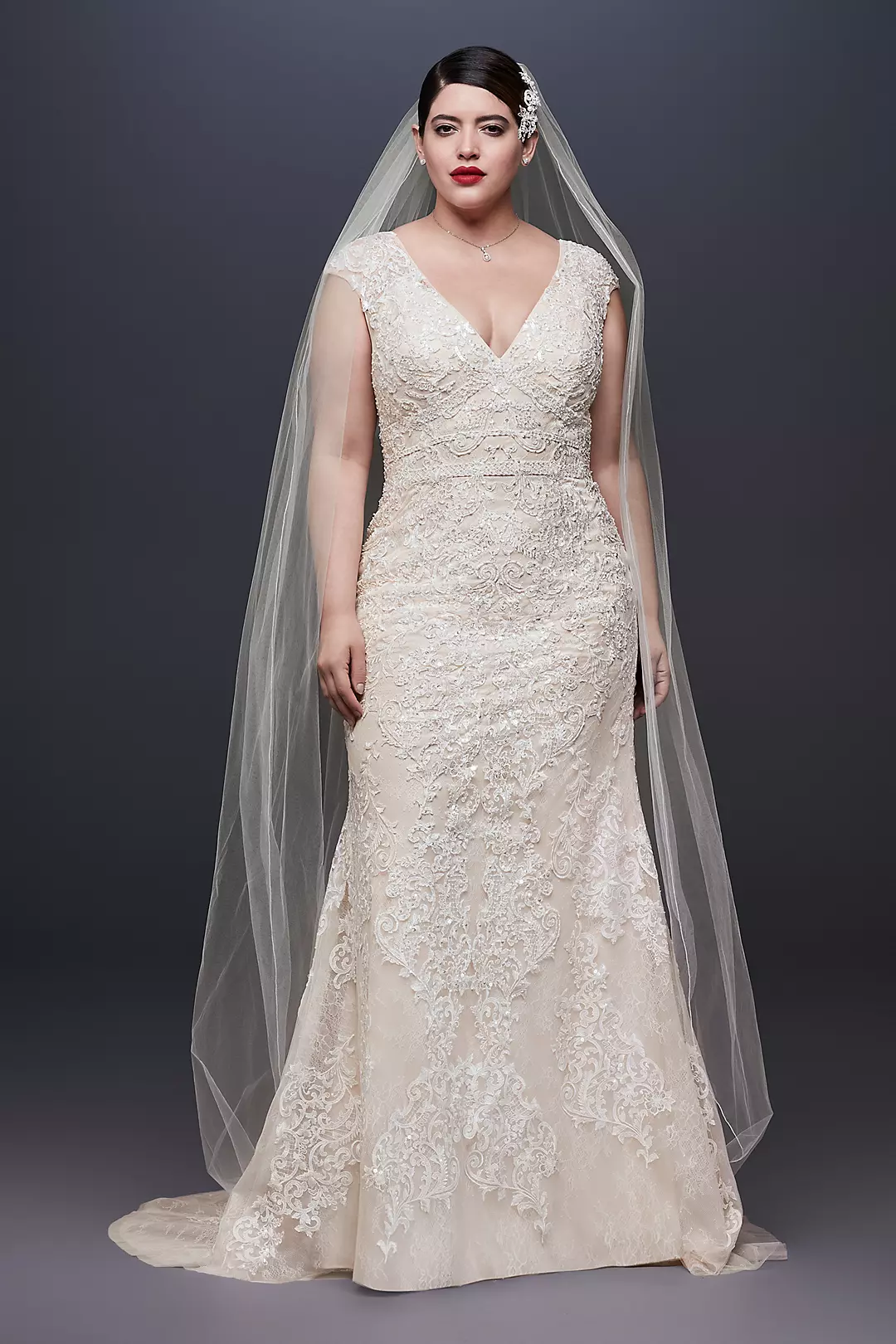 Cap Sleeve Plunging V-Neck Sheath Wedding Dress - Image 19