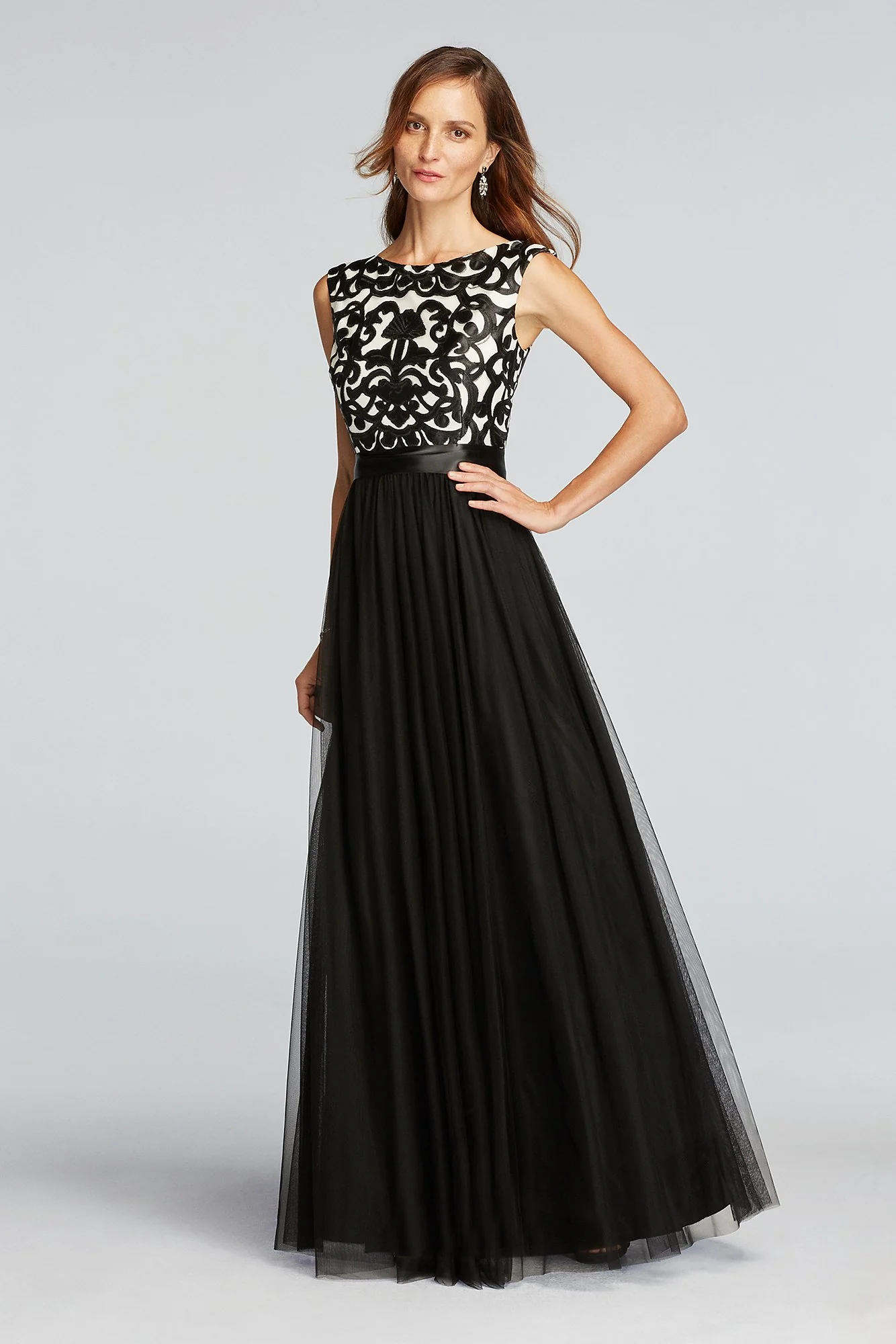 Cap Sleeve Satin Applique Dress with Mesh Skirt