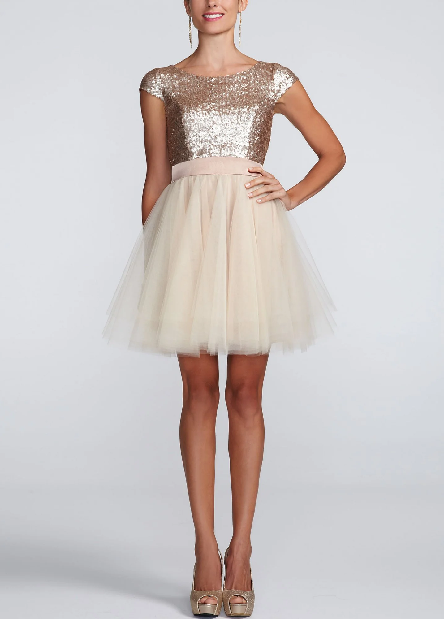 Cap Sleeve Sequin Bodice Dress with Tulle Skirt - Image 3