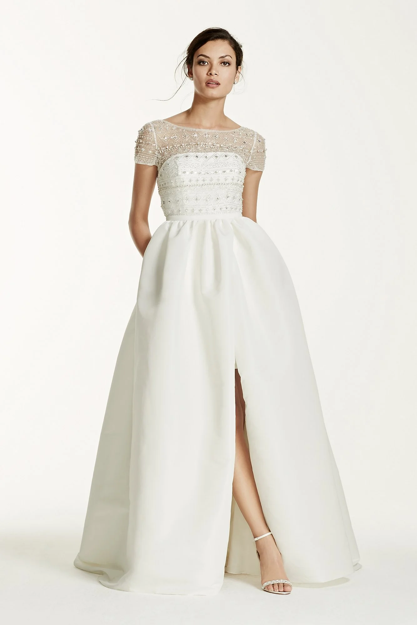 Cap Sleeve Taffeta Ball Gown with Detachable Skirt