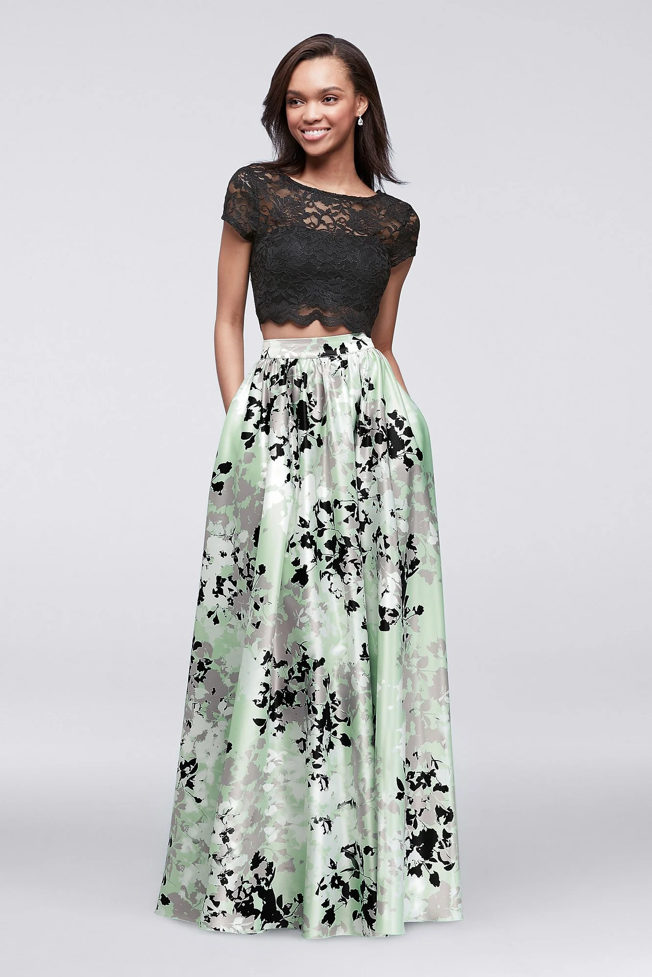 Cap-Sleeve Top and Printed Skirt Two-Piece Dress - Image 2