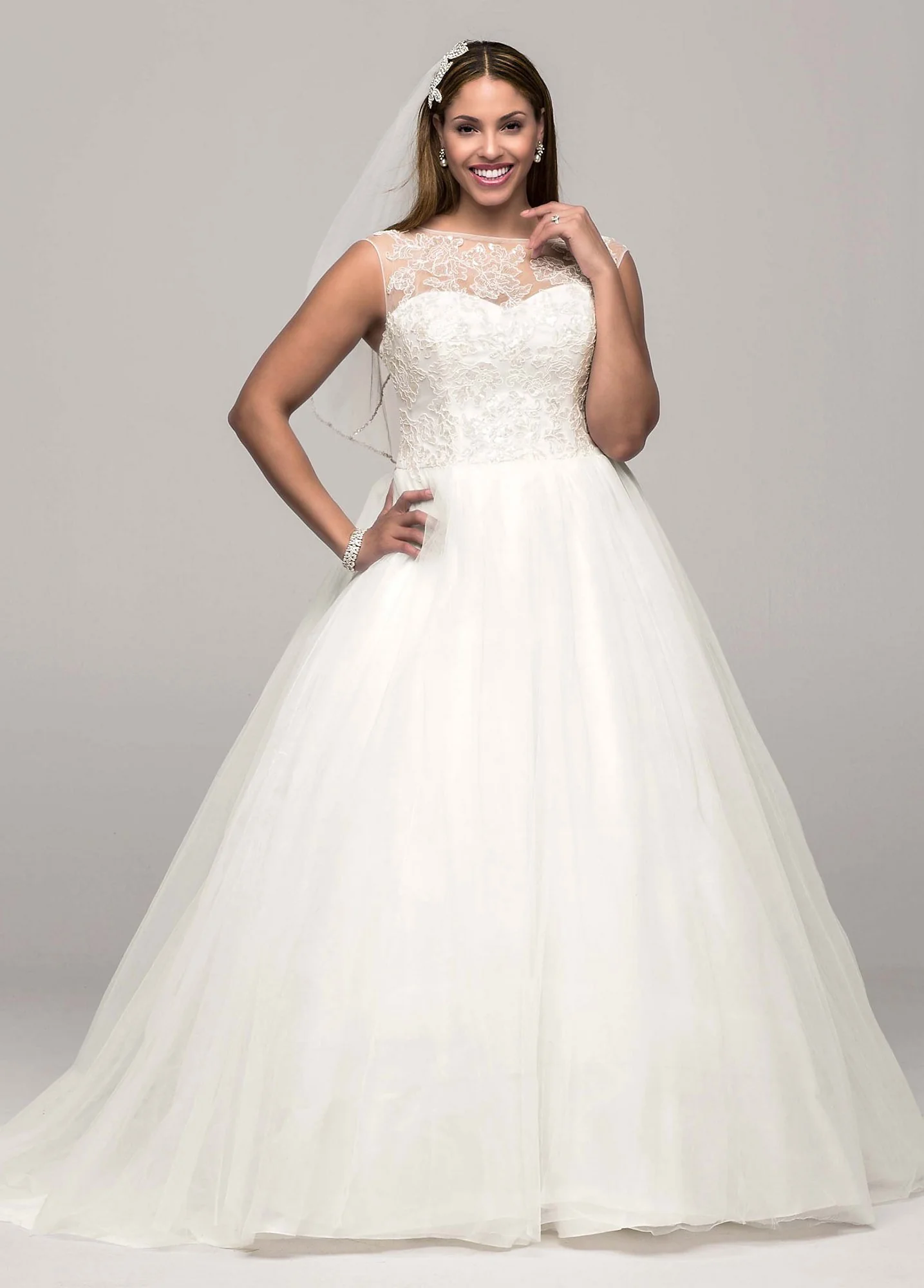 Cap Sleeve Tulle Ball Gown with Illusion Neckline - Image 2