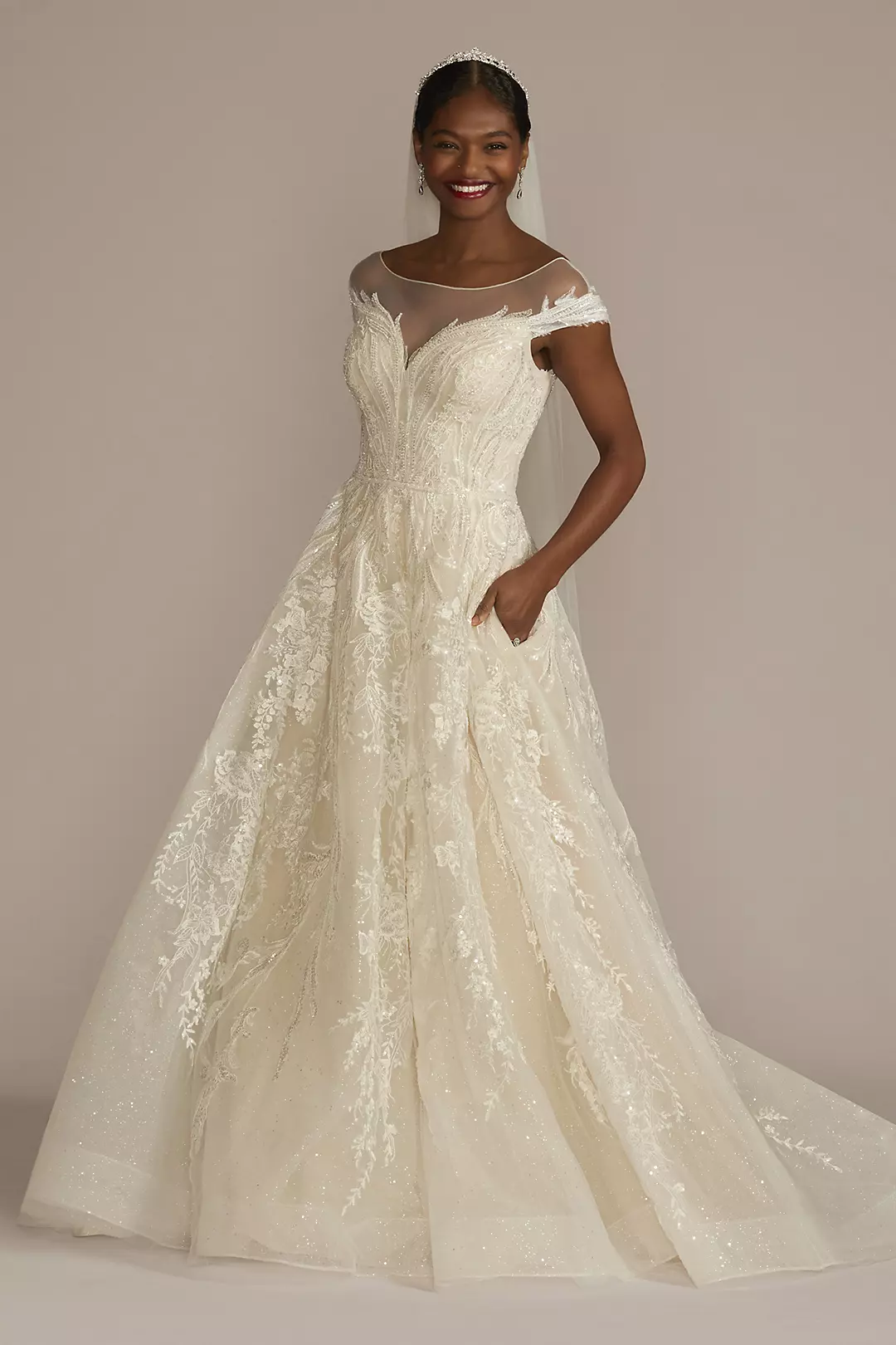 Cap Sleeve V-Back Beaded Ball Gown Wedding Dress - Image 14