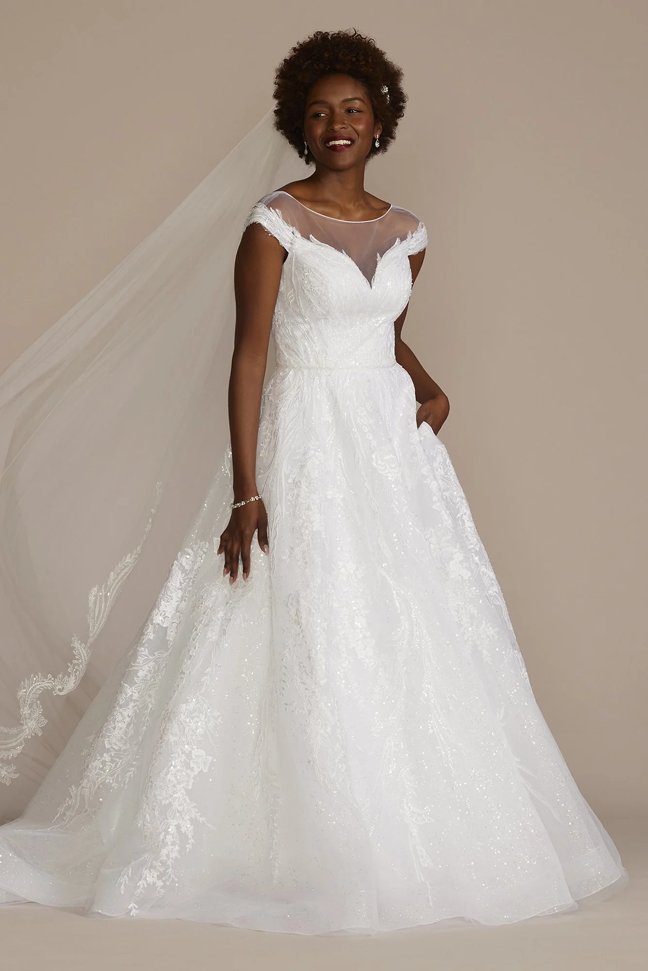 Cap Sleeve V-Back Beaded Ball Gown Wedding Dress - Image 2