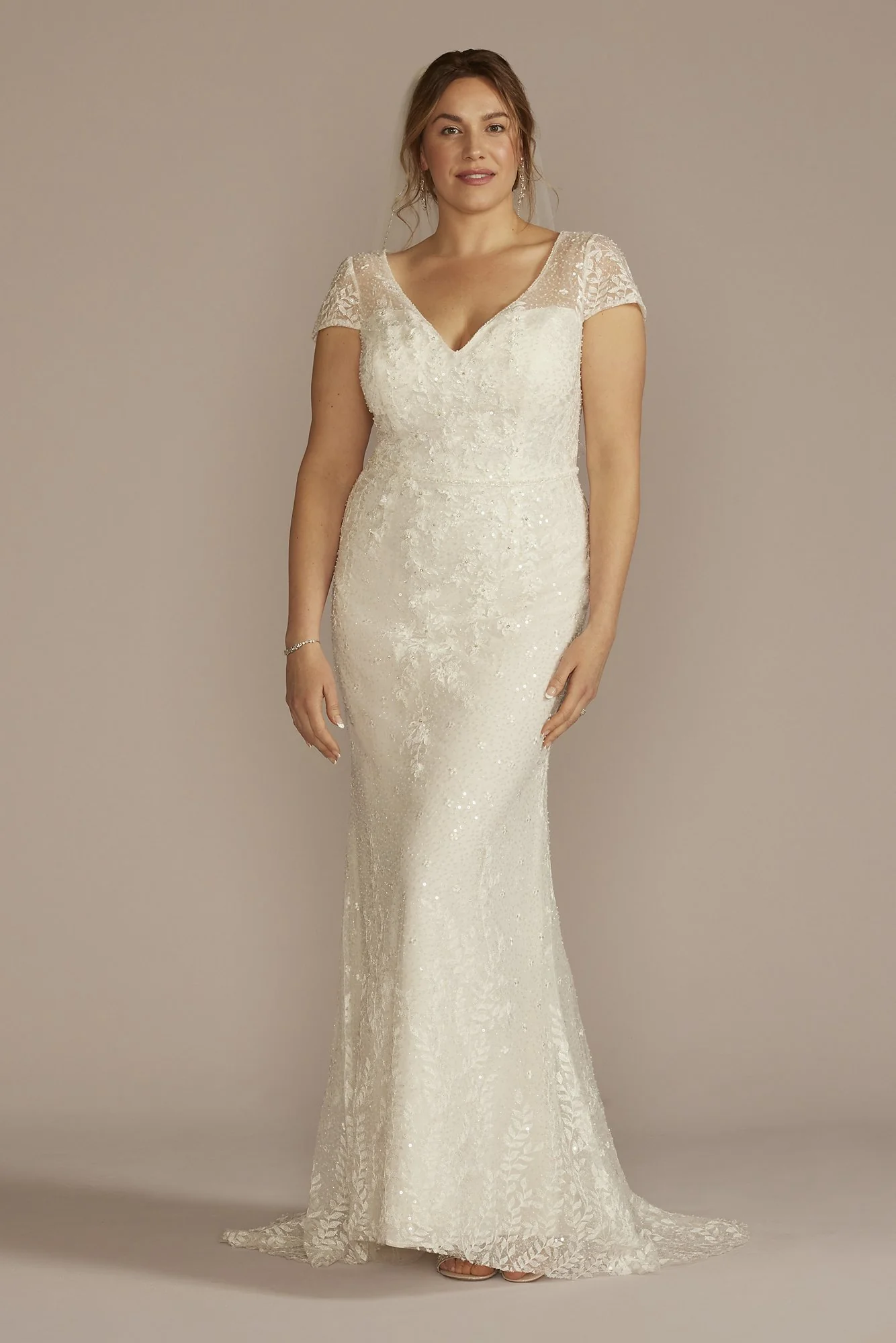 Cap Sleeve V-Neck Beaded Lace Sheath Wedding Dress