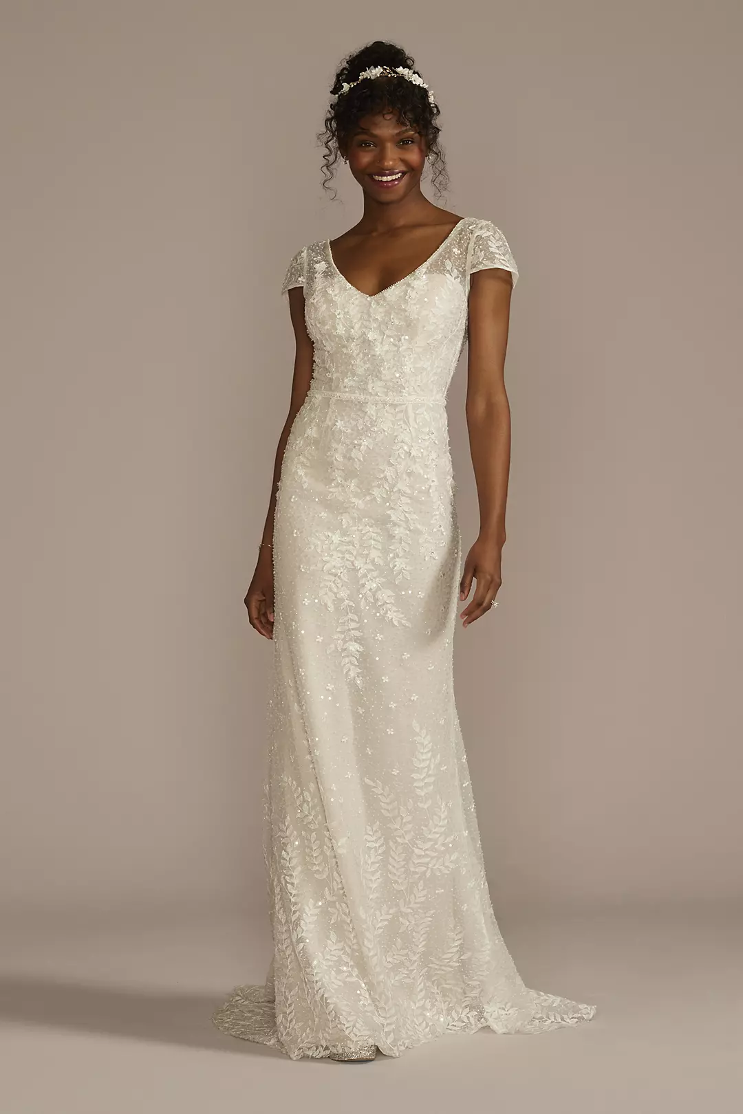 Cap Sleeve V-Neck Beaded Lace Sheath Wedding Dress - Image 10