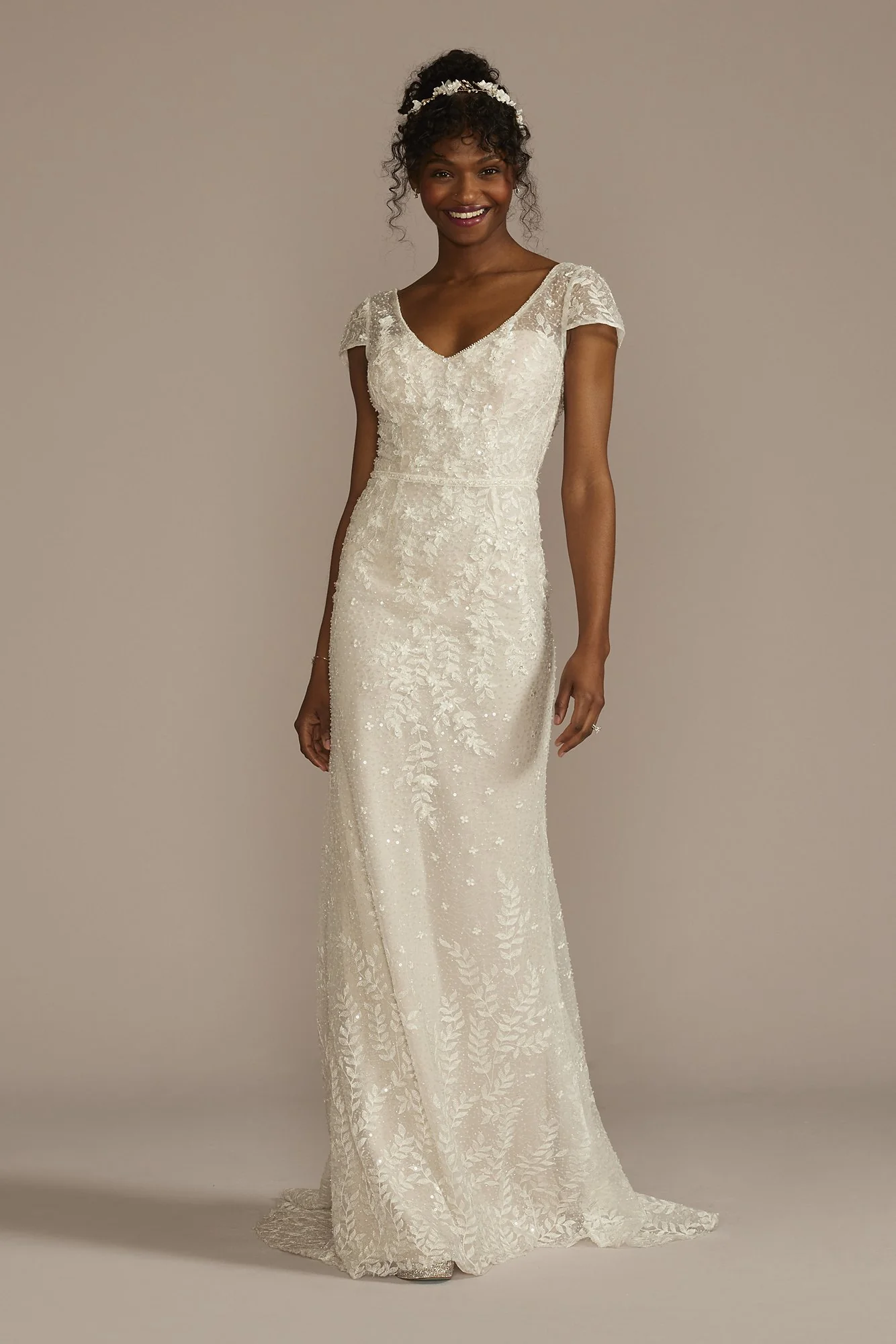 Cap Sleeve V-Neck Beaded Lace Sheath Wedding Dress - Image 3