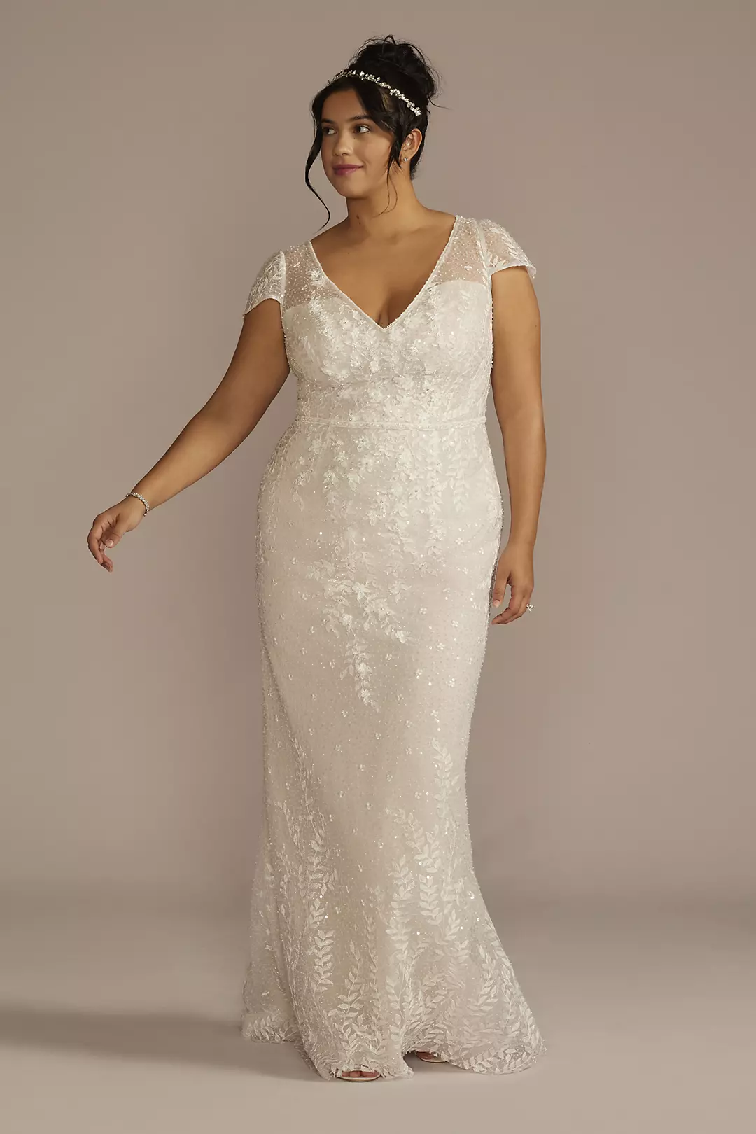 Cap Sleeve V-Neck Beaded Lace Sheath Wedding Dress - Image 5