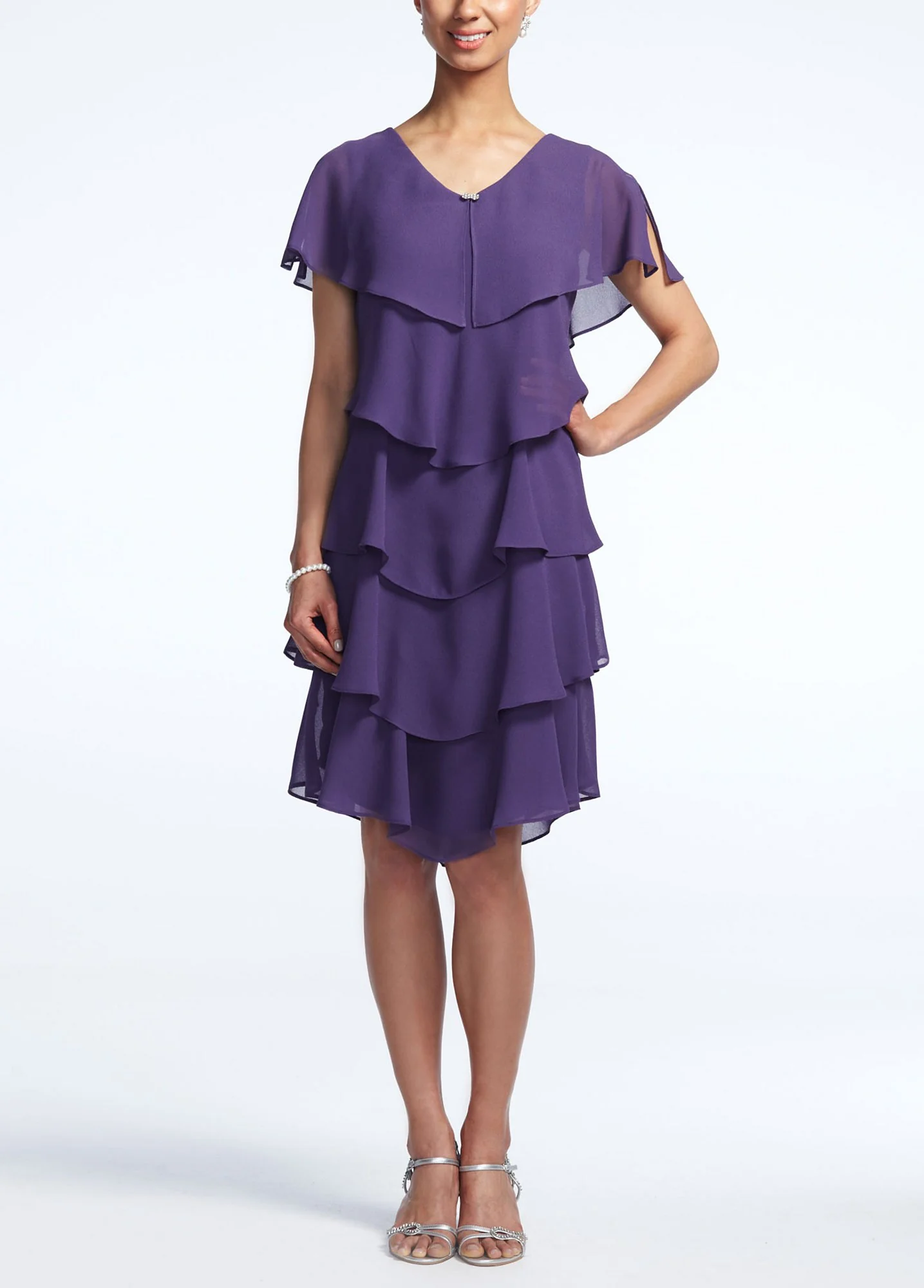 Cap Sleeve V Neck Pebble Georgette Tiered Dress - Image 2