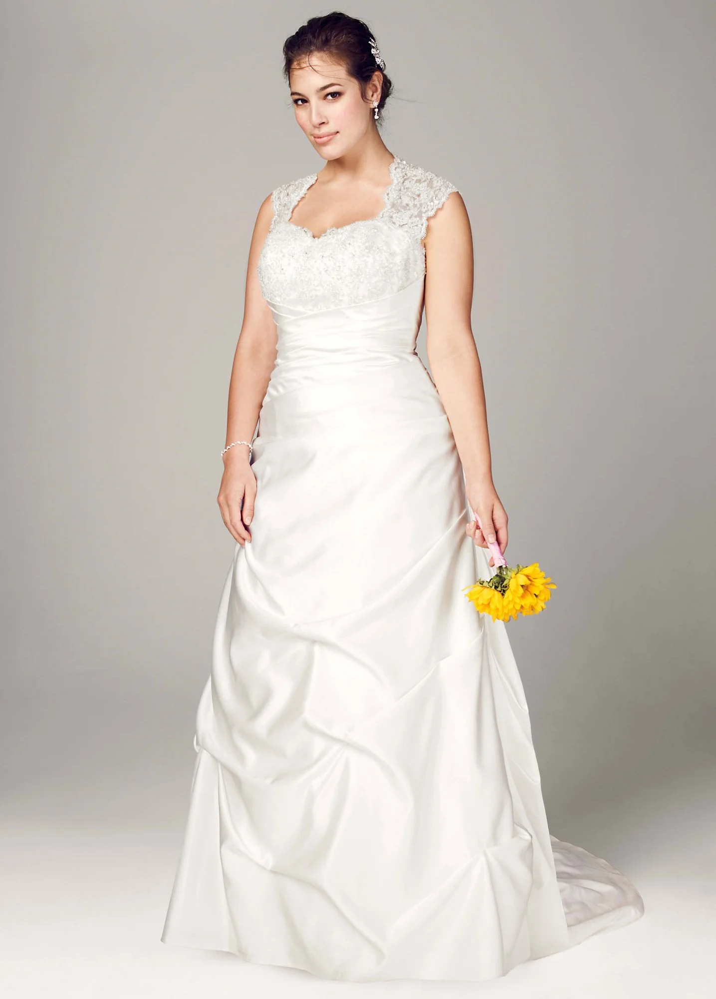 Cap Sleeved Satin Side-Draped A-Line Gown