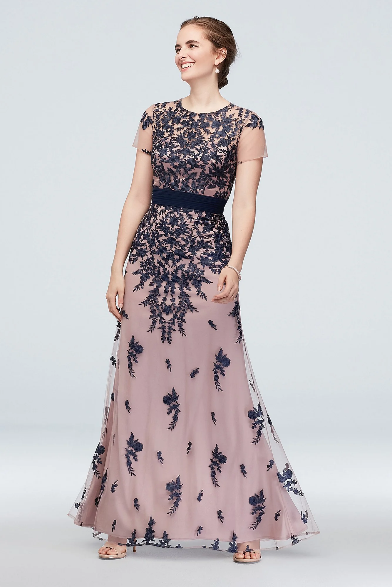 Cascading Floral Embroidery Mesh Gown with Belt - Image 2