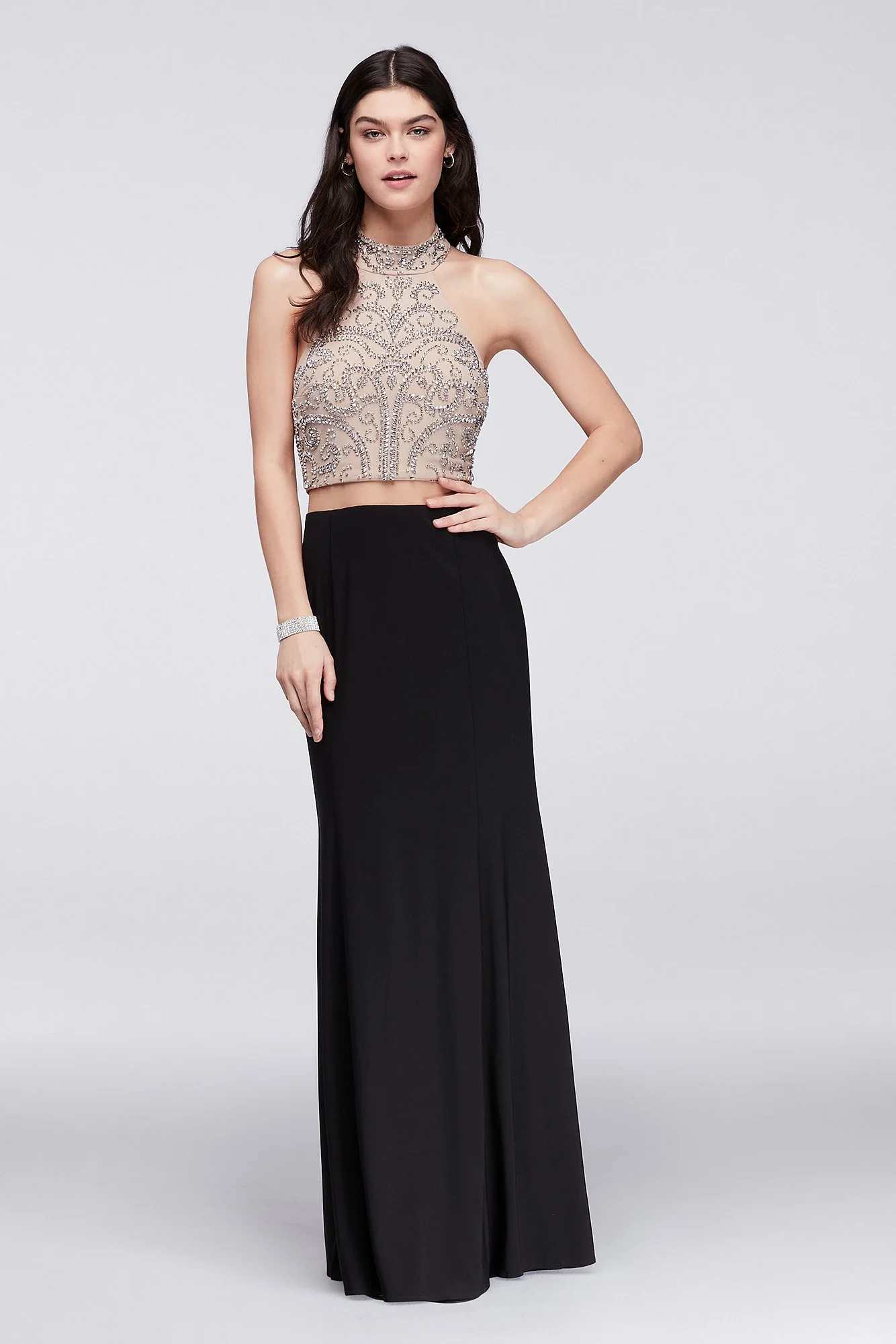 Caviar-Beaded Mesh and Jersey Faux Two-Piece Dress - Image 2