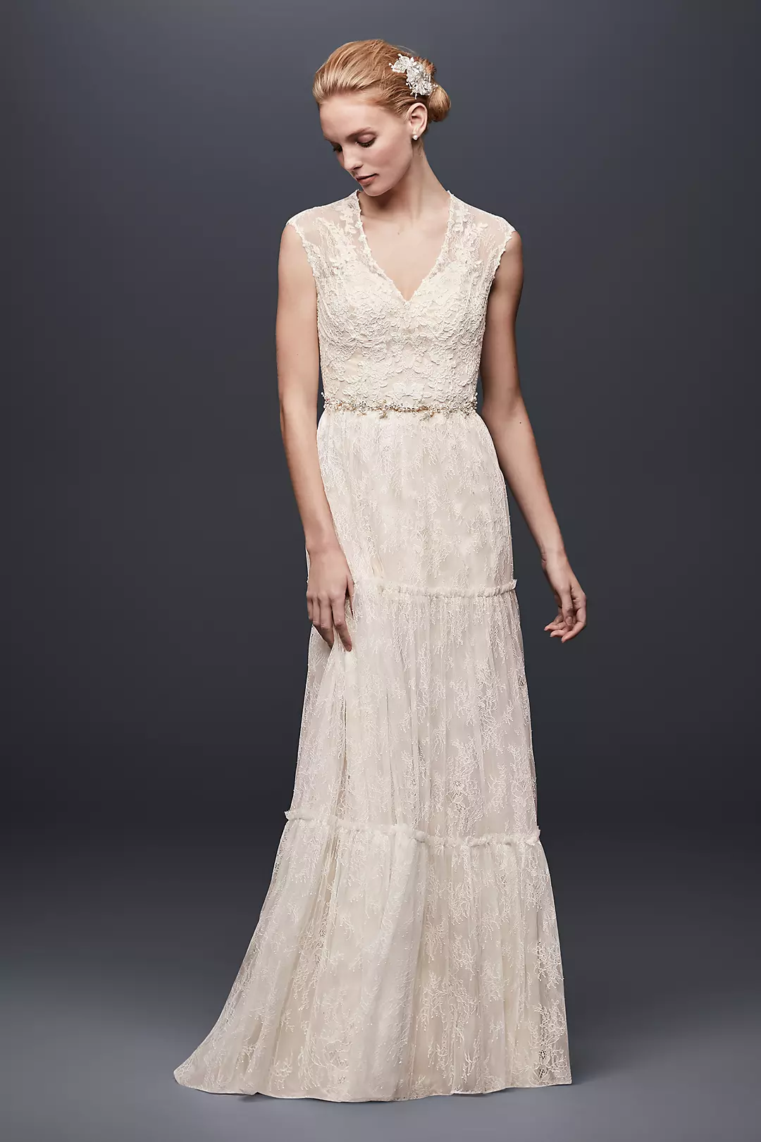 Chantilly Lace Cap-Sleeve Sheath Wedding Dress - Image 7
