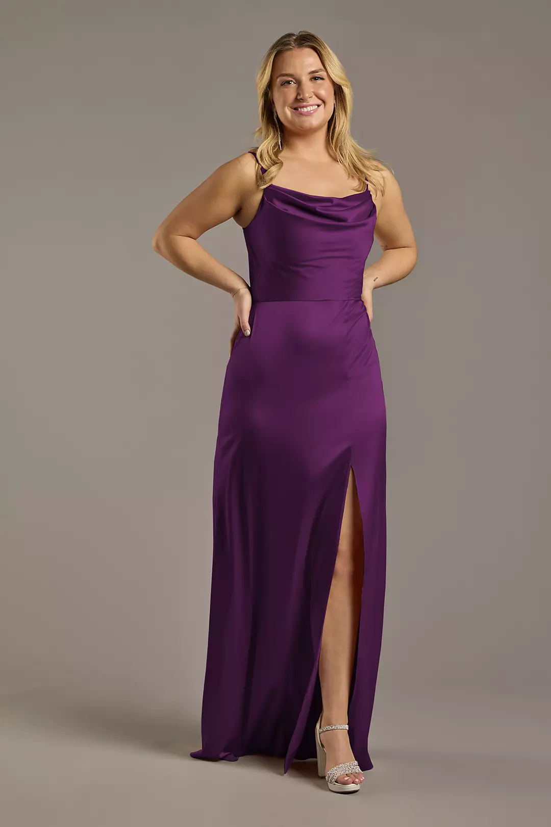 Charmeuse Cowl Neck Sheath Dress with Slit - Image 13
