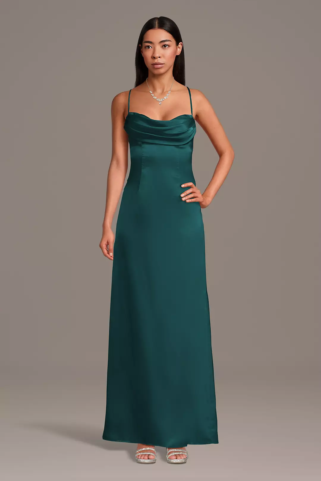 Charmeuse Cowl Neck Spaghetti Strap Sheath Dress