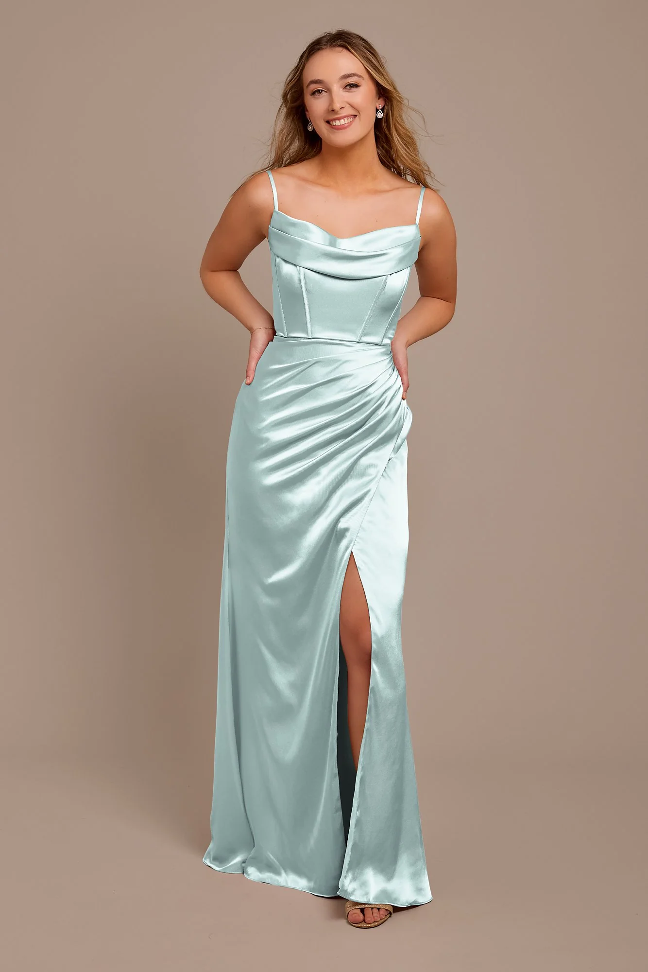 Charmeuse Cowl Spaghetti Strap Dress - Image 21