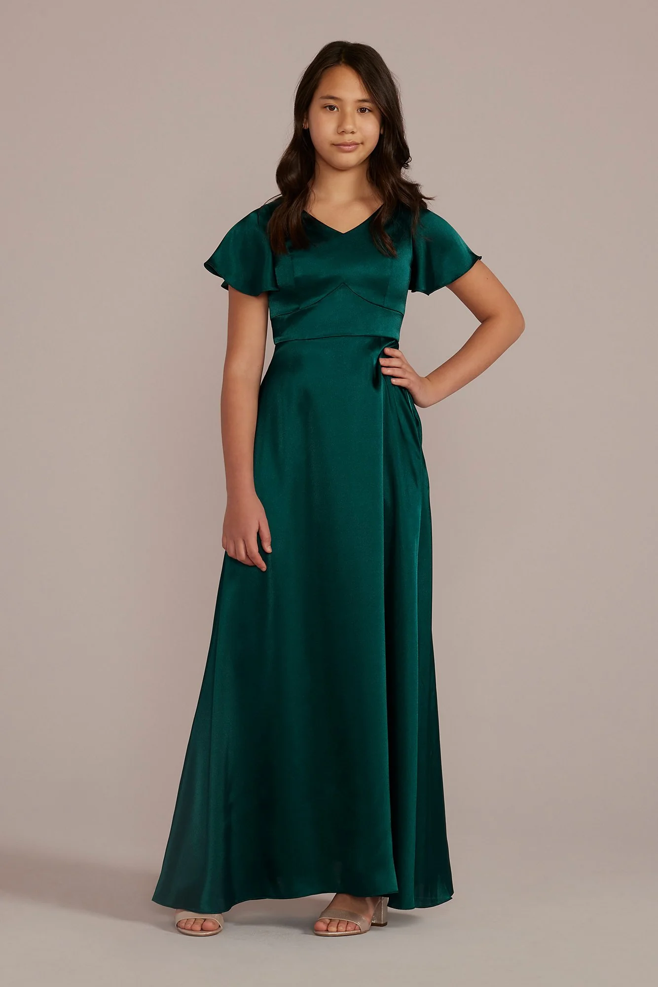 Charmeuse Flutter Sleeve Junior Bridesmaid Dress - Image 12
