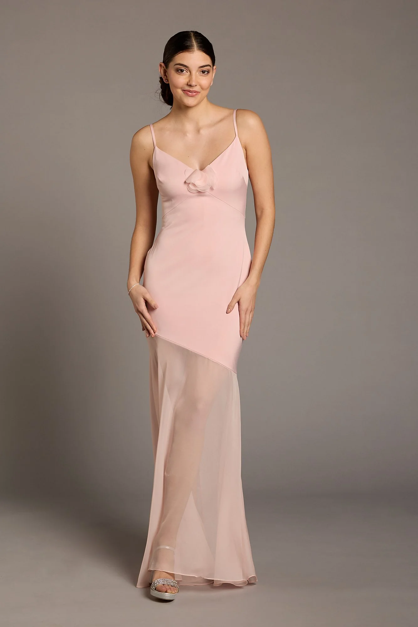 Charmeuse Sheer Hem Dress with 3D Flowers