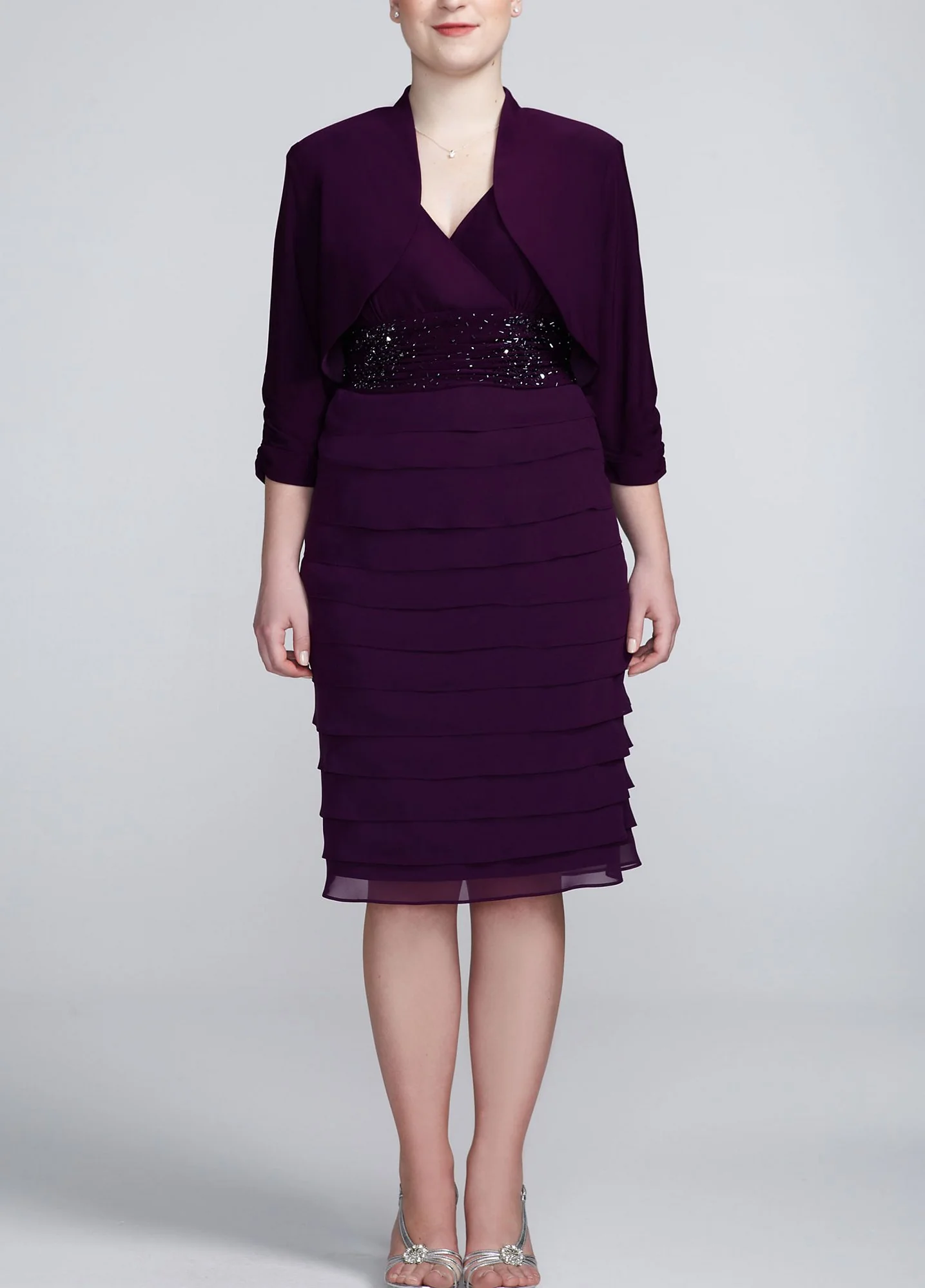 Chiffon 3/4 Sleeve Jacket Dress with Beading - Image 2
