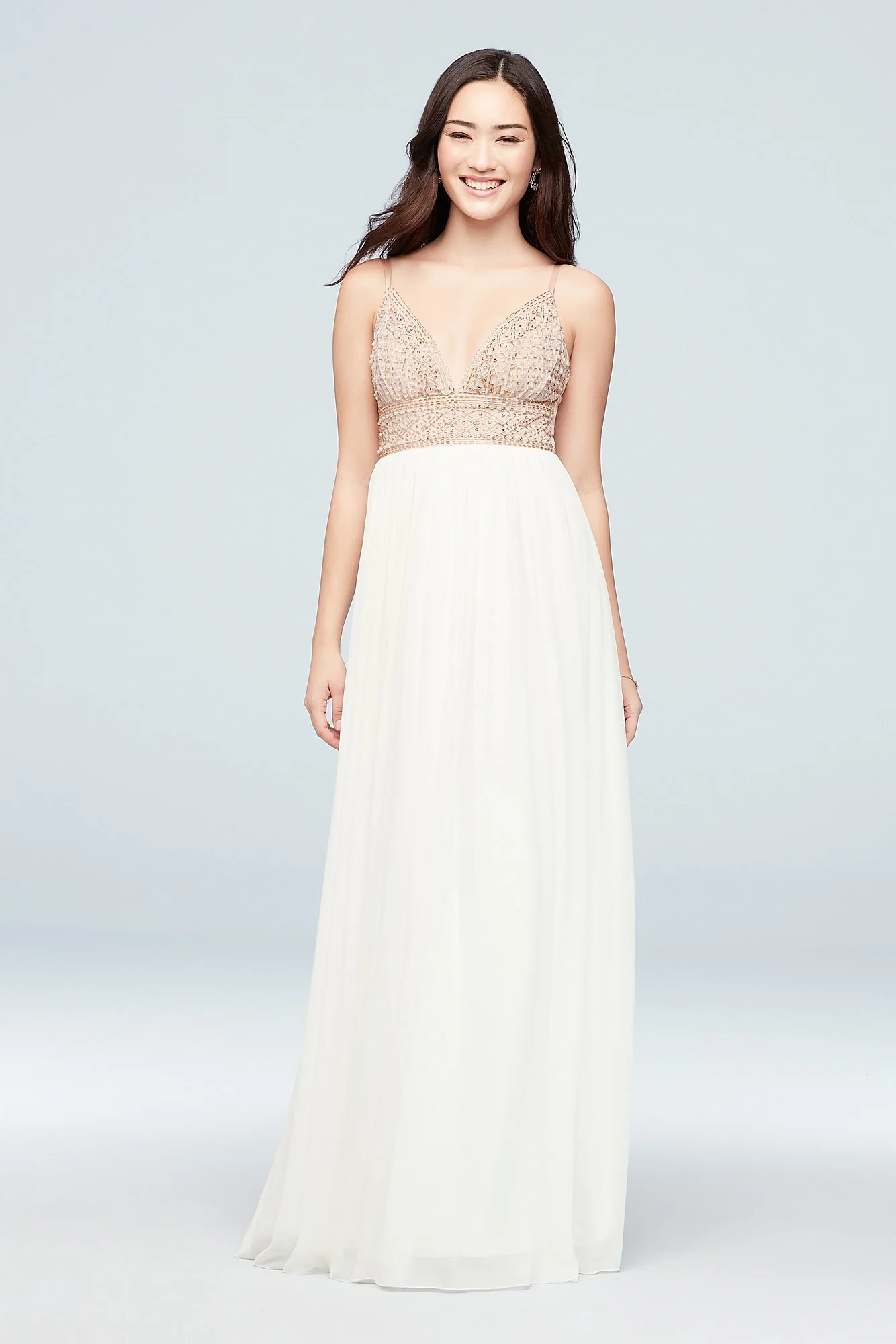 Chiffon A-Line Dress with Beaded V-Neck Bodice