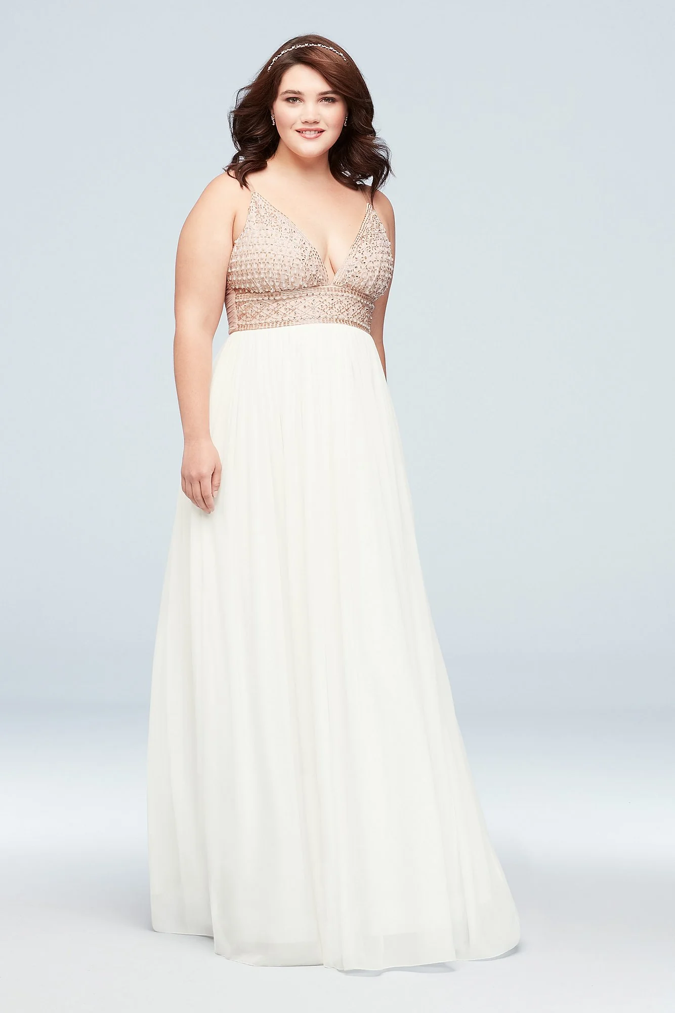 Chiffon A-Line Dress with Beaded V-Neck Bodice - Image 2