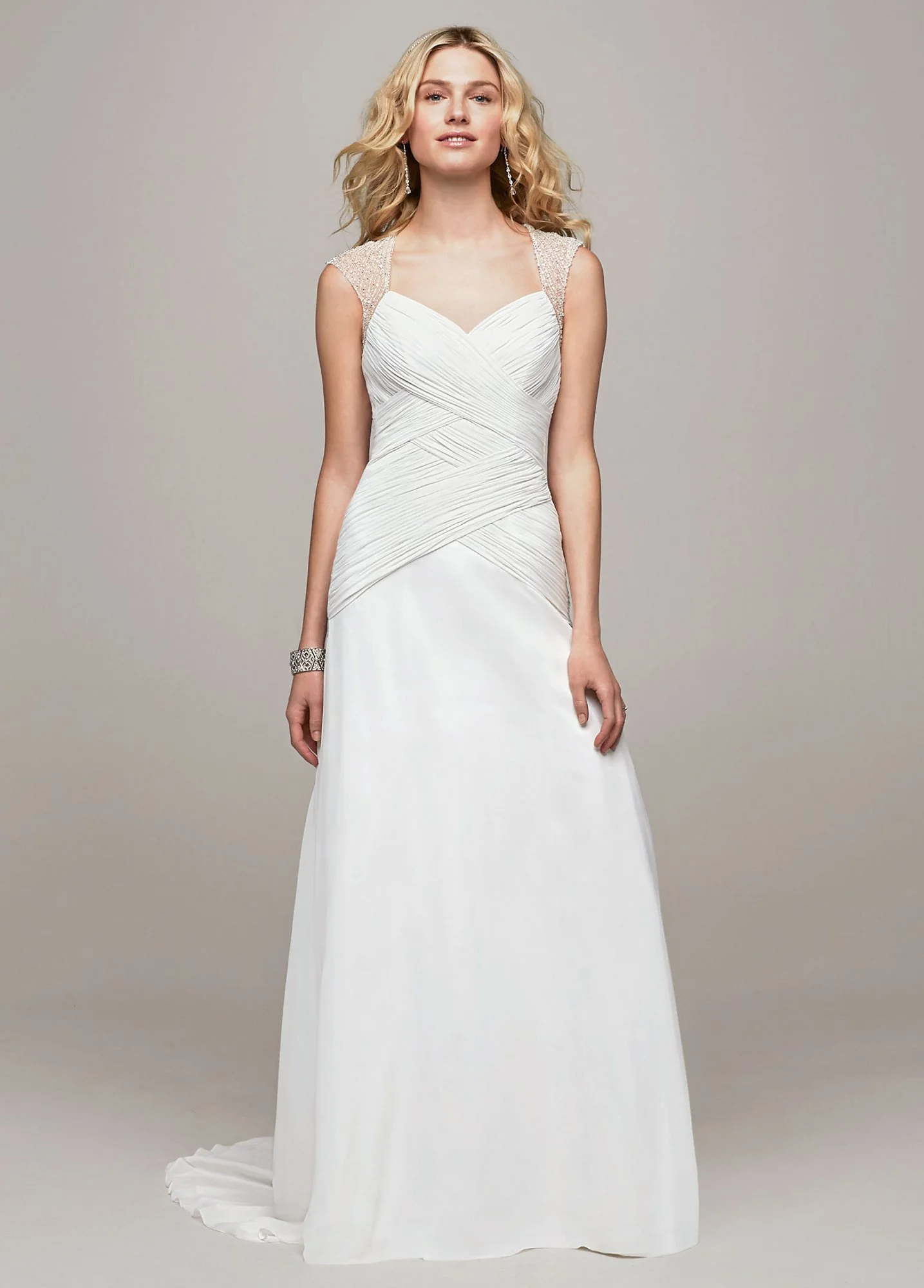 Chiffon A Line Gown with Beaded Cap Sleeve Detail