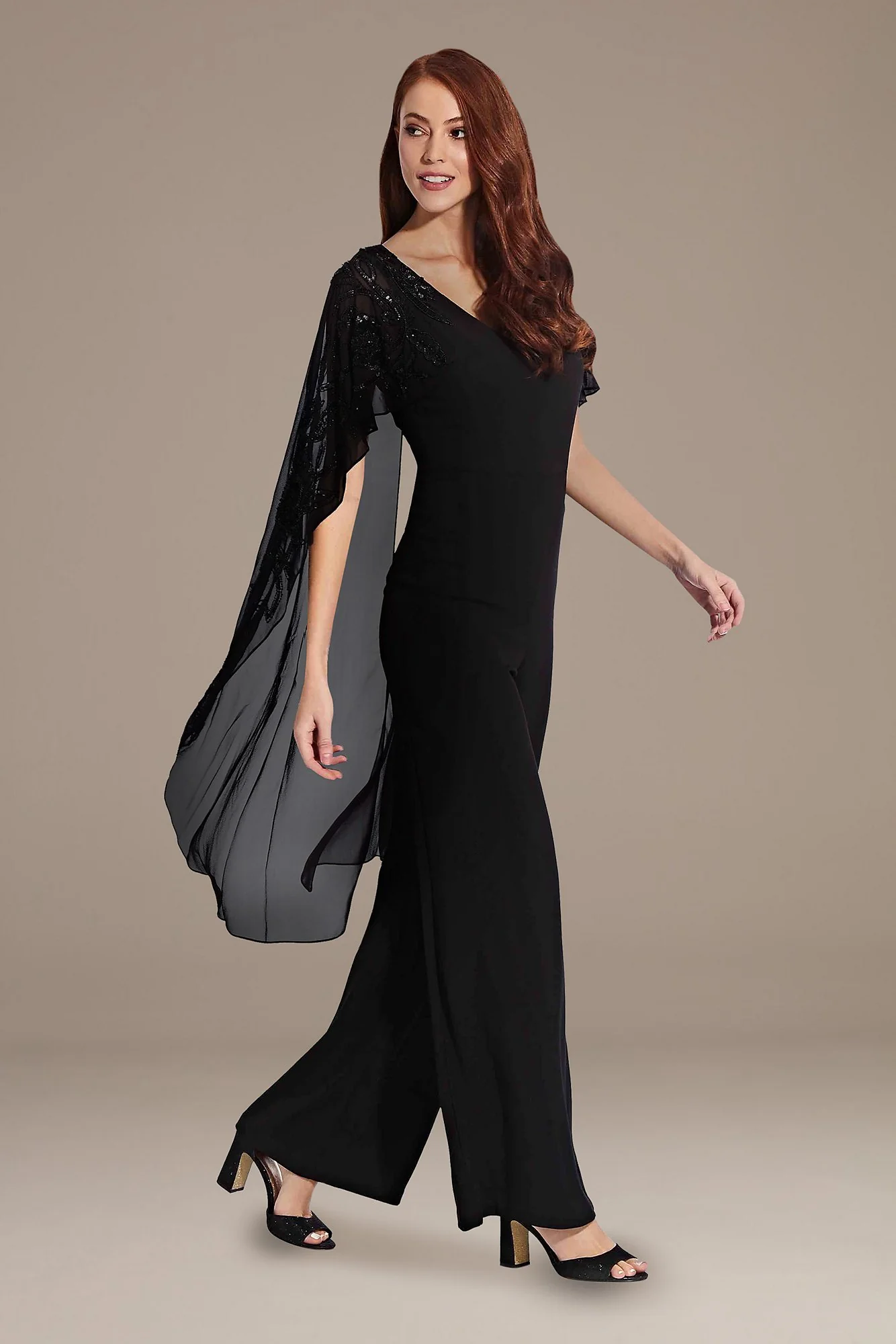 Chiffon and Crepe Jumpsuit with Beaded Cape
